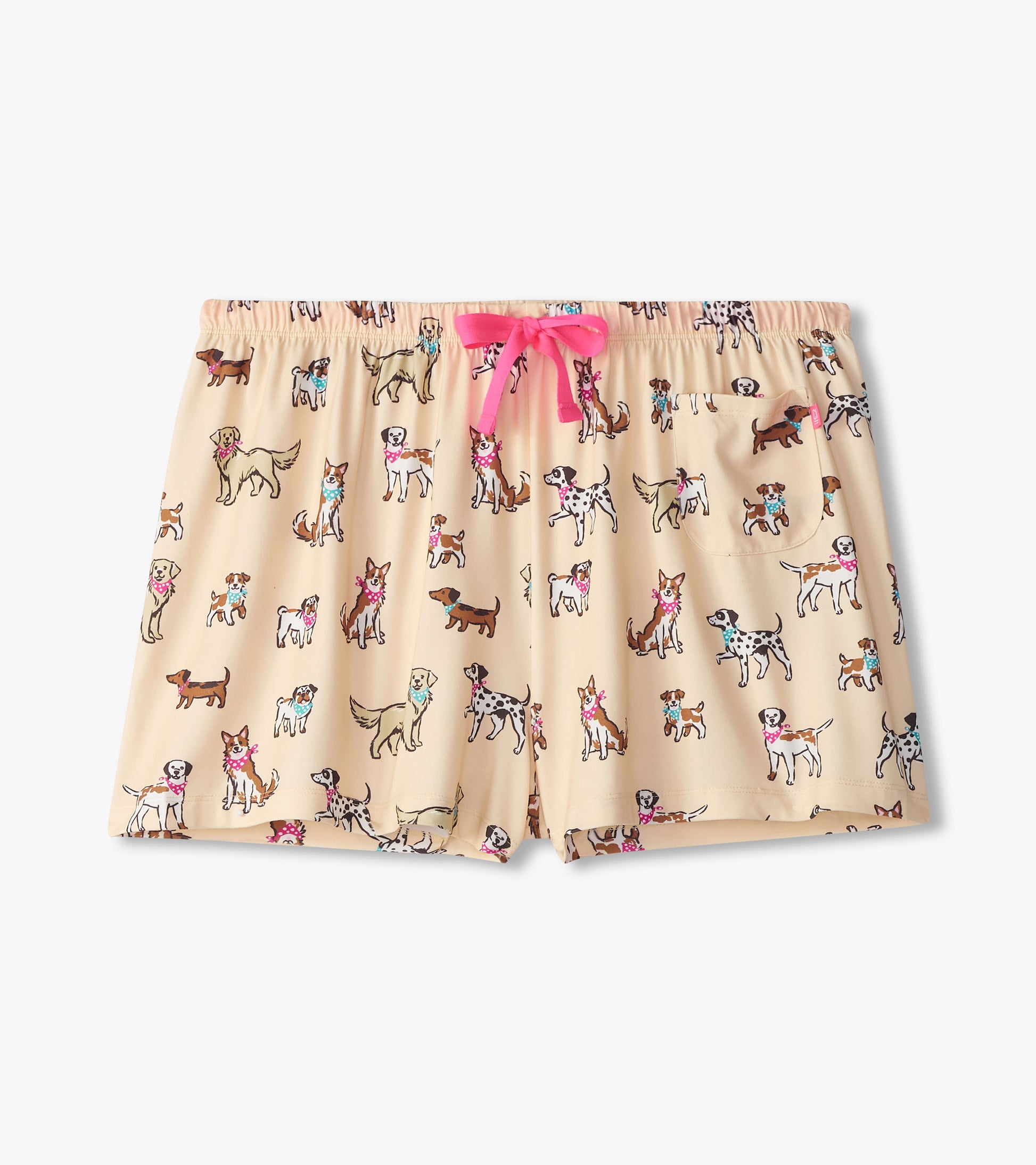 Peach polyknit pajama shorts featuring a playful dog print and a pink drawstring waist.