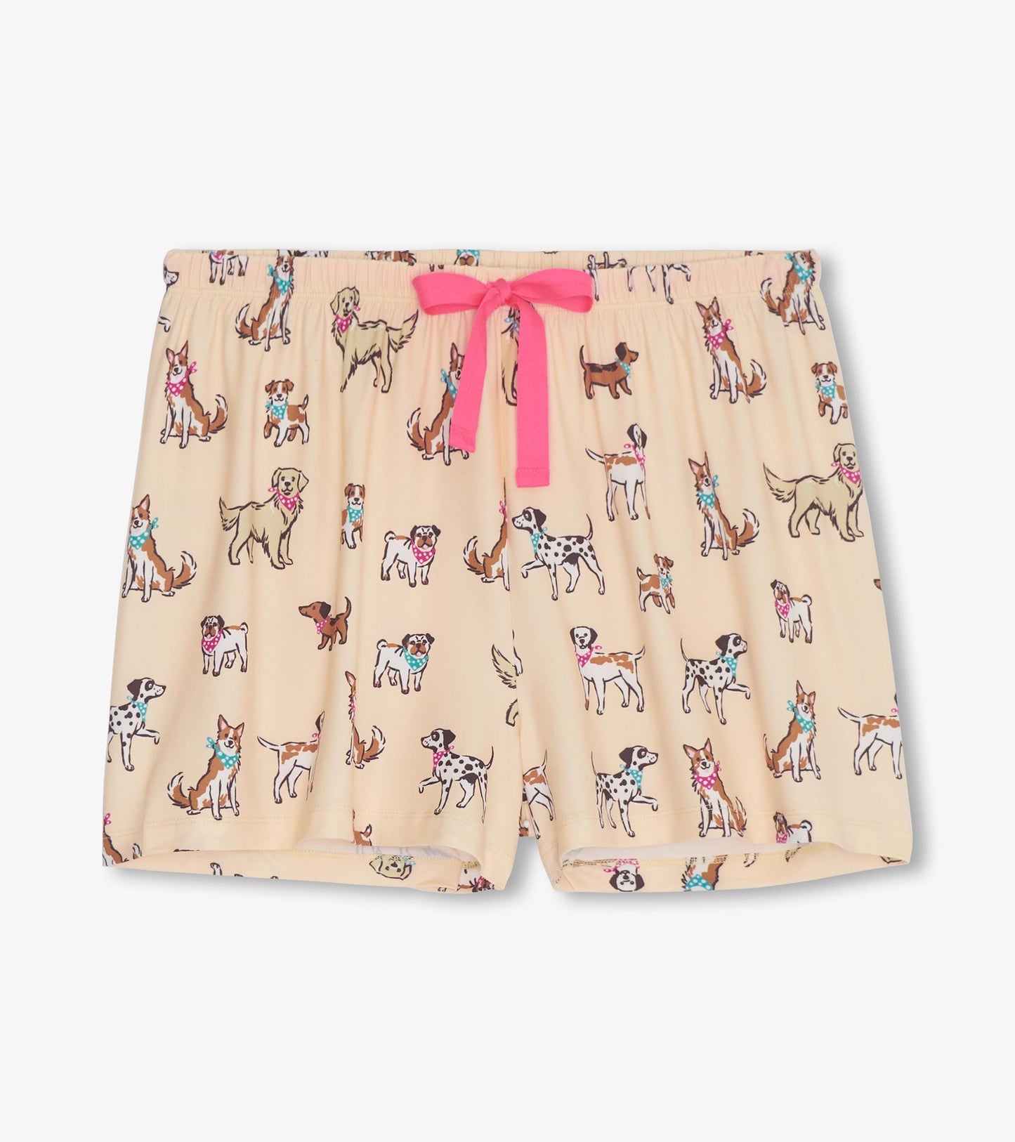 Short pajama set featuring a playful dog print on a light beige background, with a pink drawstring waistband.