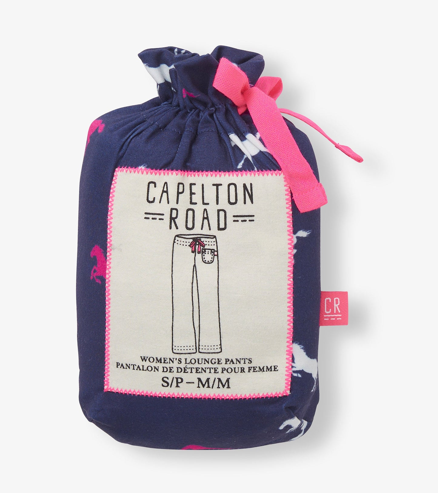 Navy pajama pants with a horse pattern, featuring a drawstring closure and a pink accent.