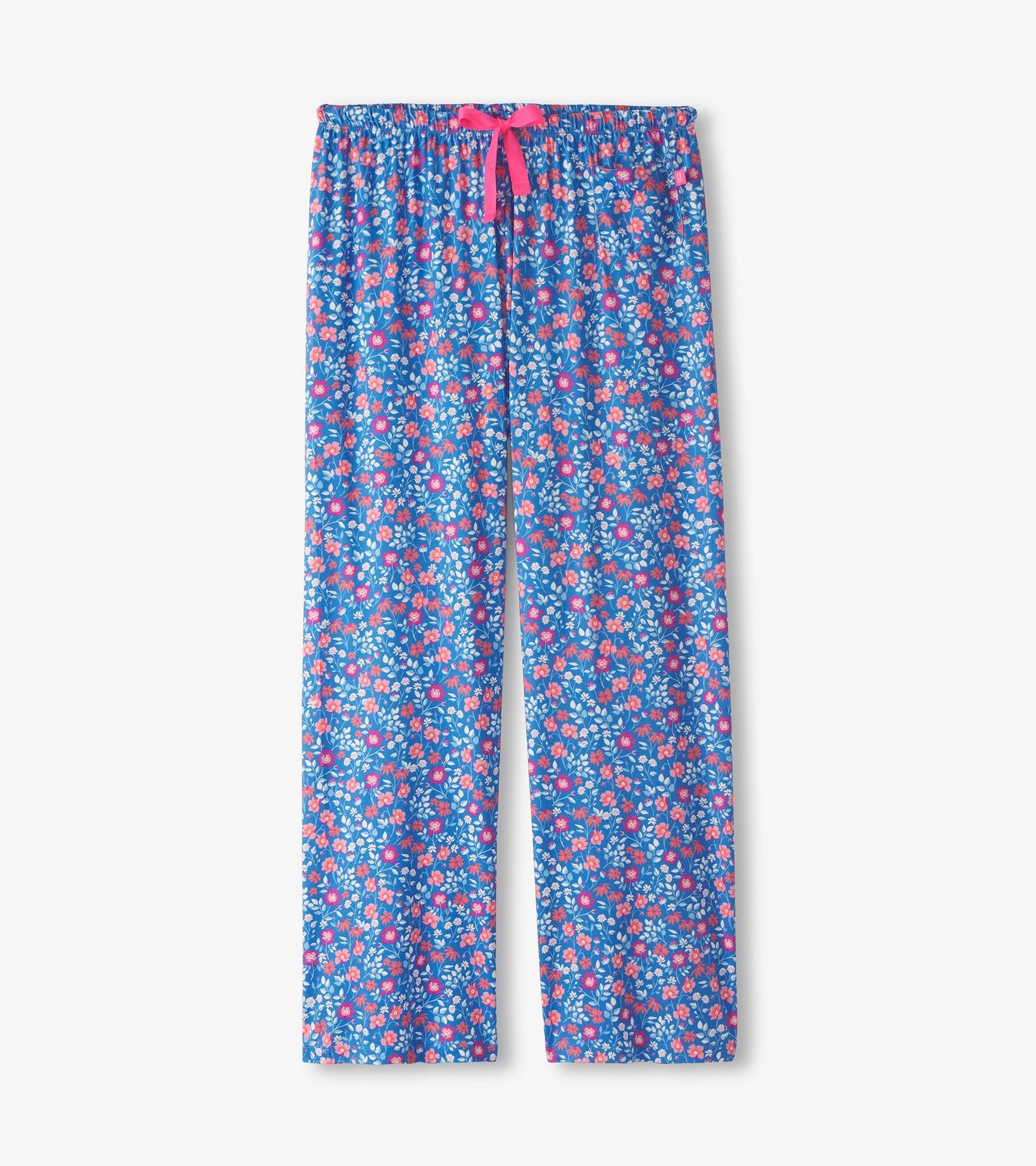 Blue pajama pants with a colorful floral pattern and a pink drawstring at the waist.