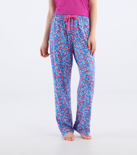 Light blue pajama pants with a colorful floral pattern and an elastic waistband with a drawstring.