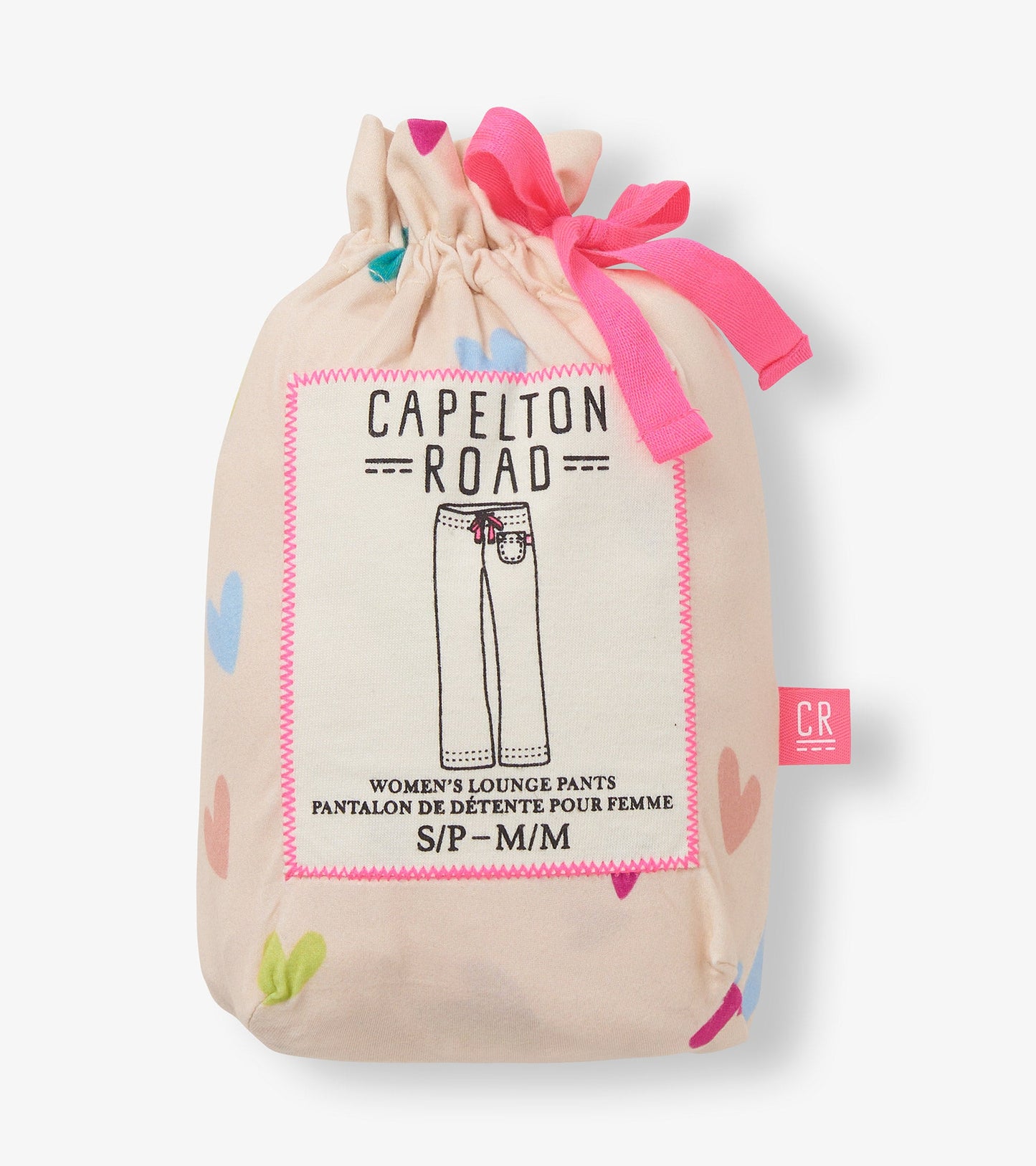 Drawstring bag with colorful heart patterns, containing women's polyknit pajama pants in assorted sizes.