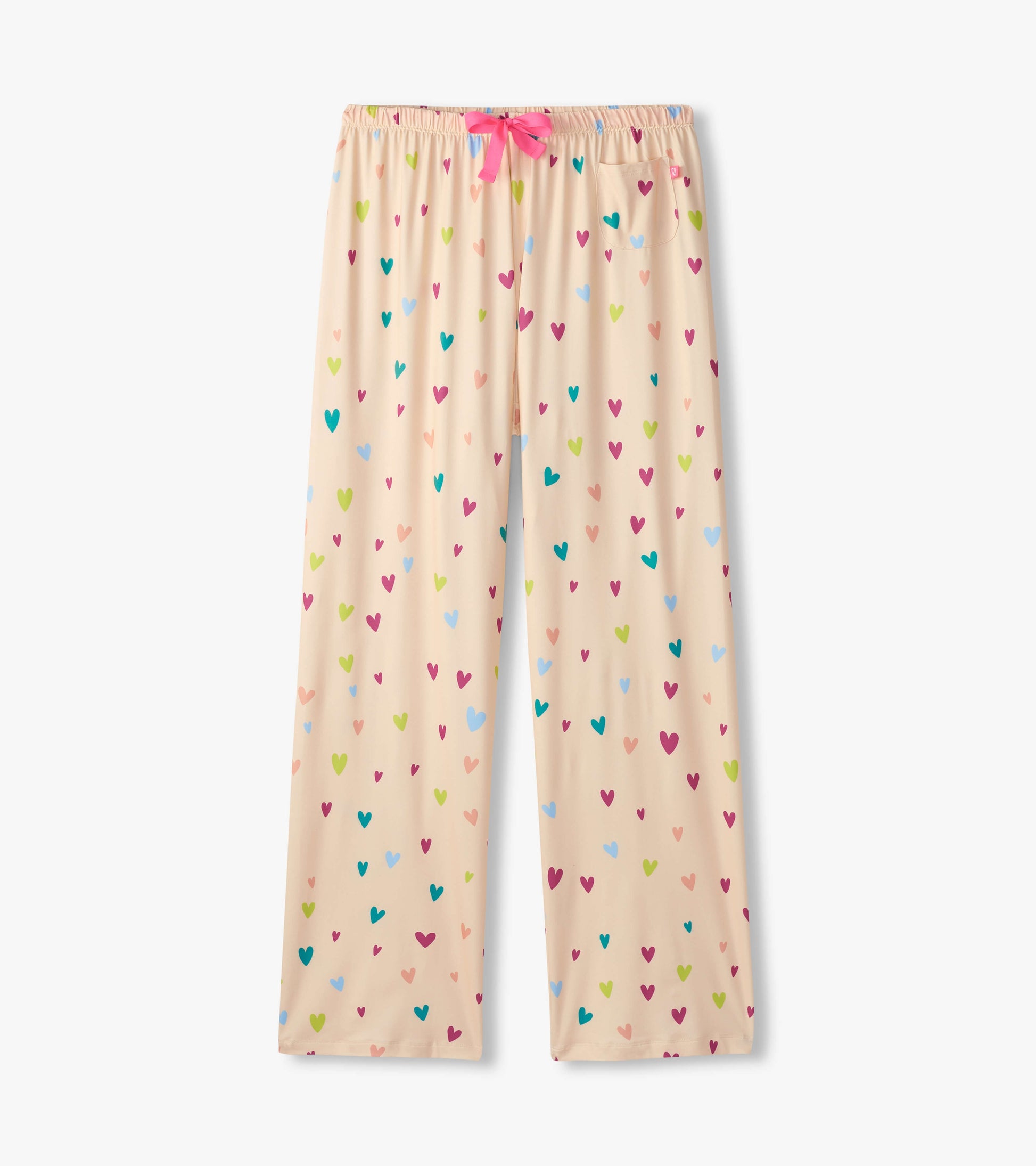 Peach pajama pants with a playful heart pattern in various colors and a pink drawstring at the waist.