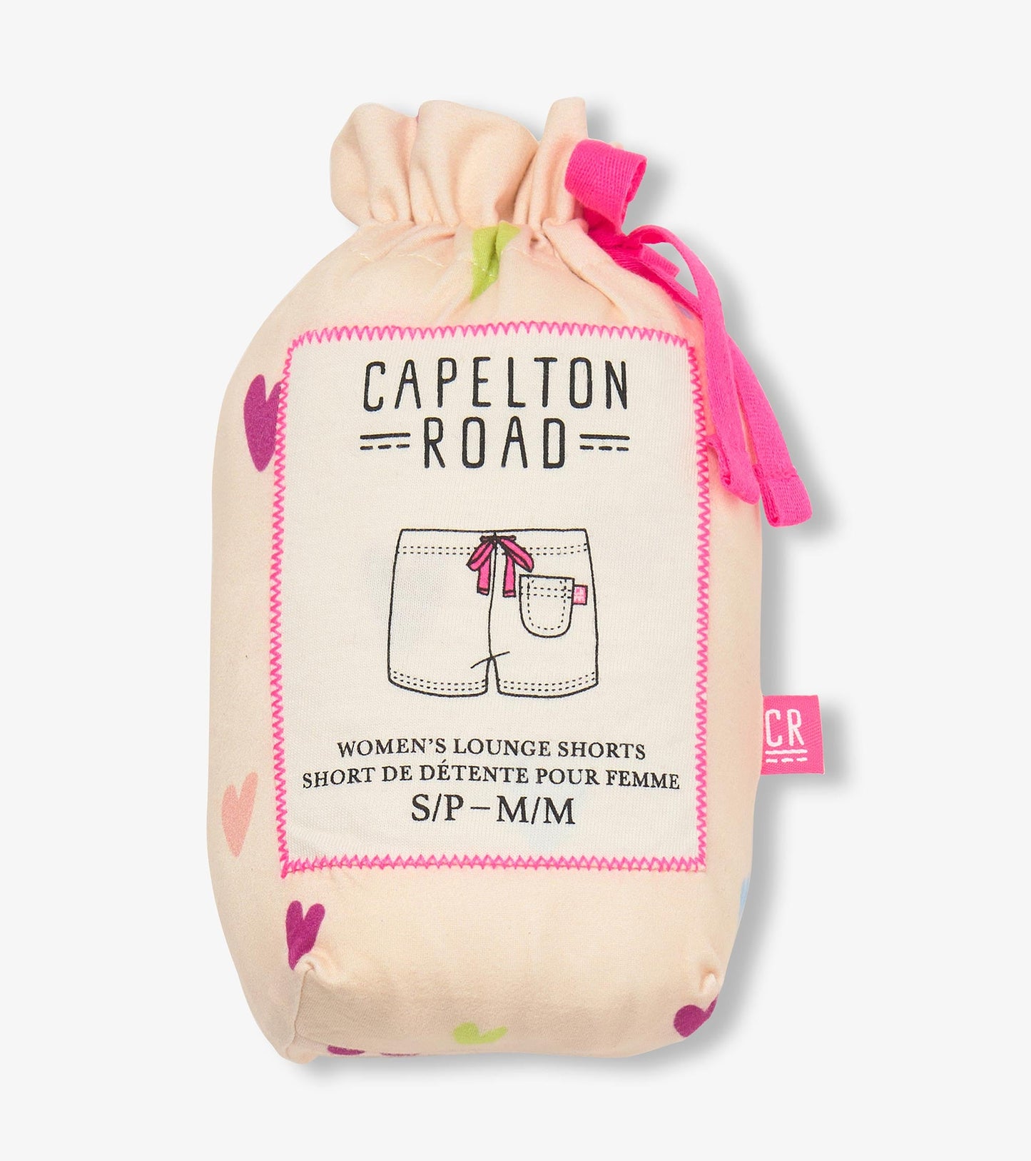 Light pink pajama shorts with colorful heart patterns, featuring a drawstring waist and a pocket illustration.