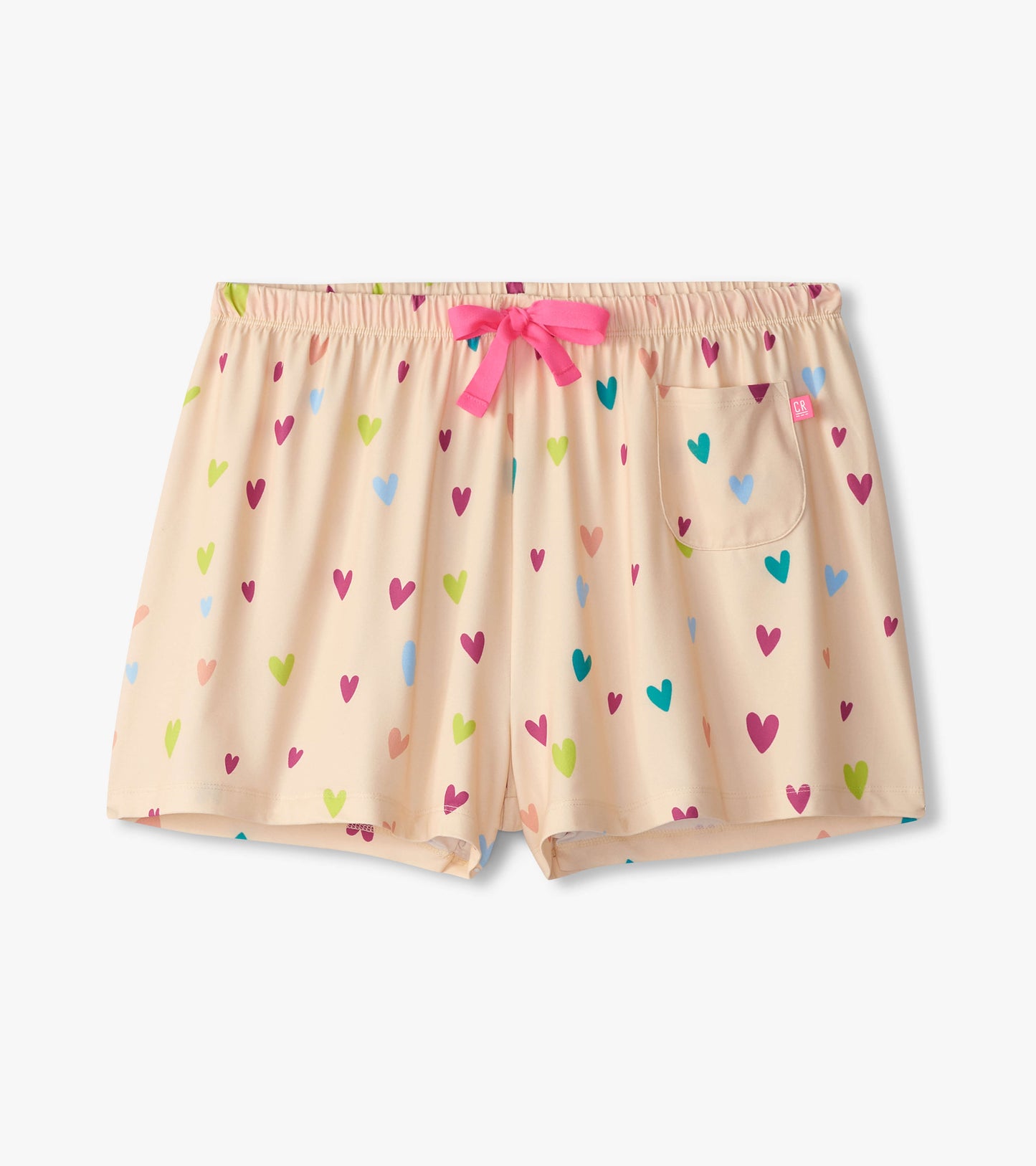 Peach polyknit pajama shorts with colorful heart pattern and pink drawstring, featuring a side pocket.