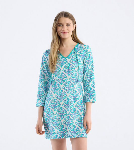 Lightweight beach dress featuring a turquoise and purple mosaic wave pattern with a V-neck and three-quarter sleeves.