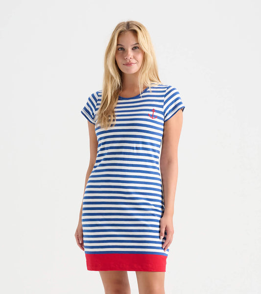Blue and white striped crew neck t-shirt dress with a red hem and small anchor detail, suitable for casual wear.