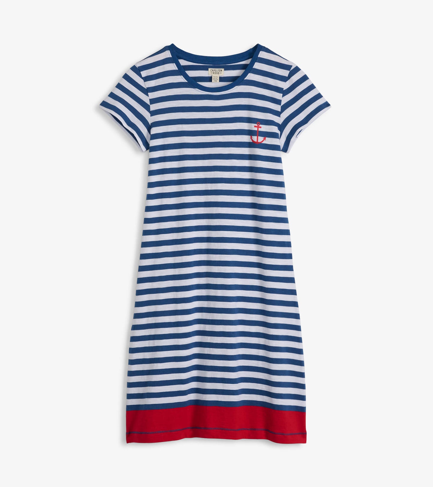 Nautical striped crew neck t-shirt dress in blue and white with a red hem and anchor embroidery. Short sleeves.
