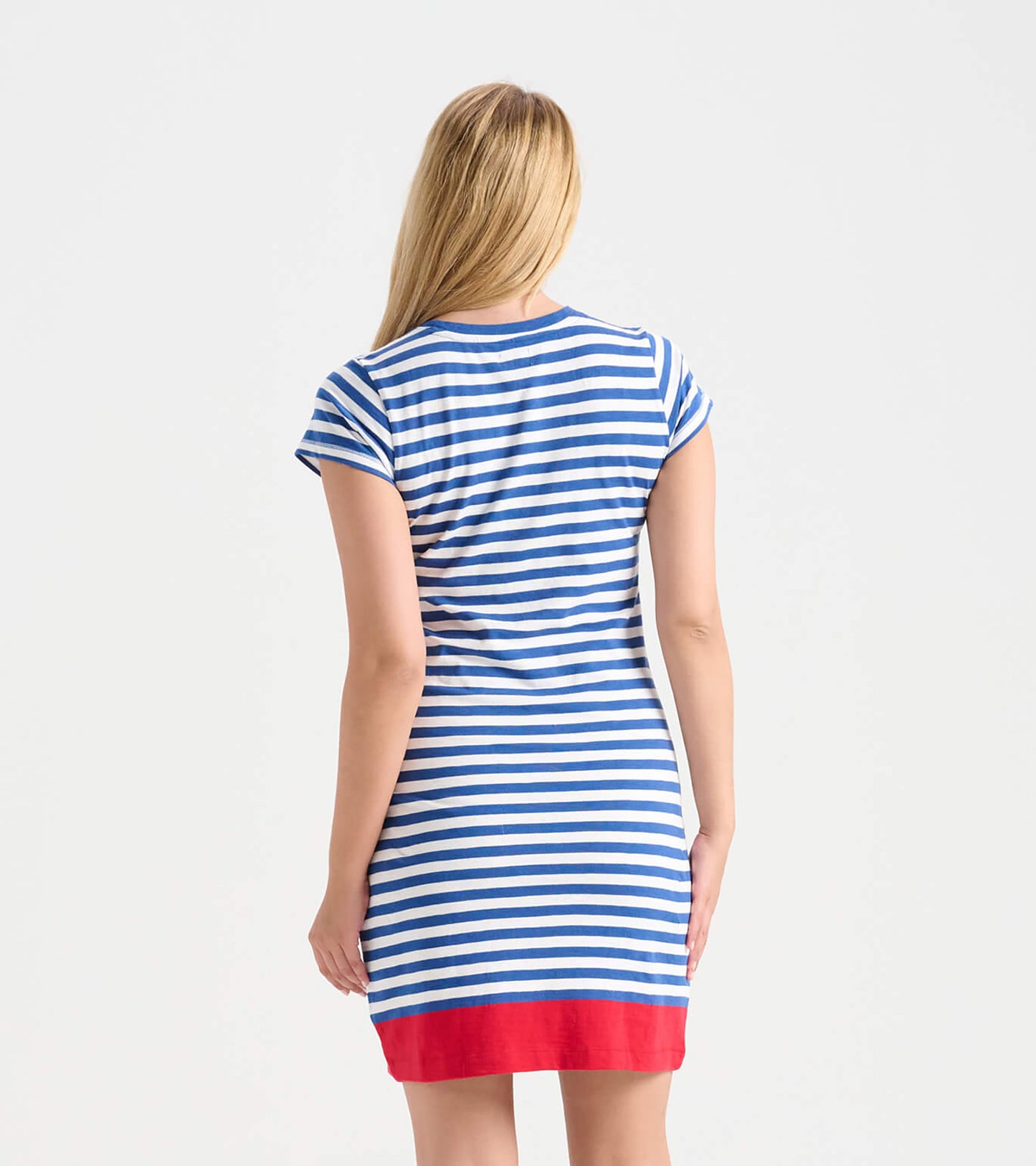 Back view of a women's crew neck t-shirt dress featuring blue and white stripes with a red hem.