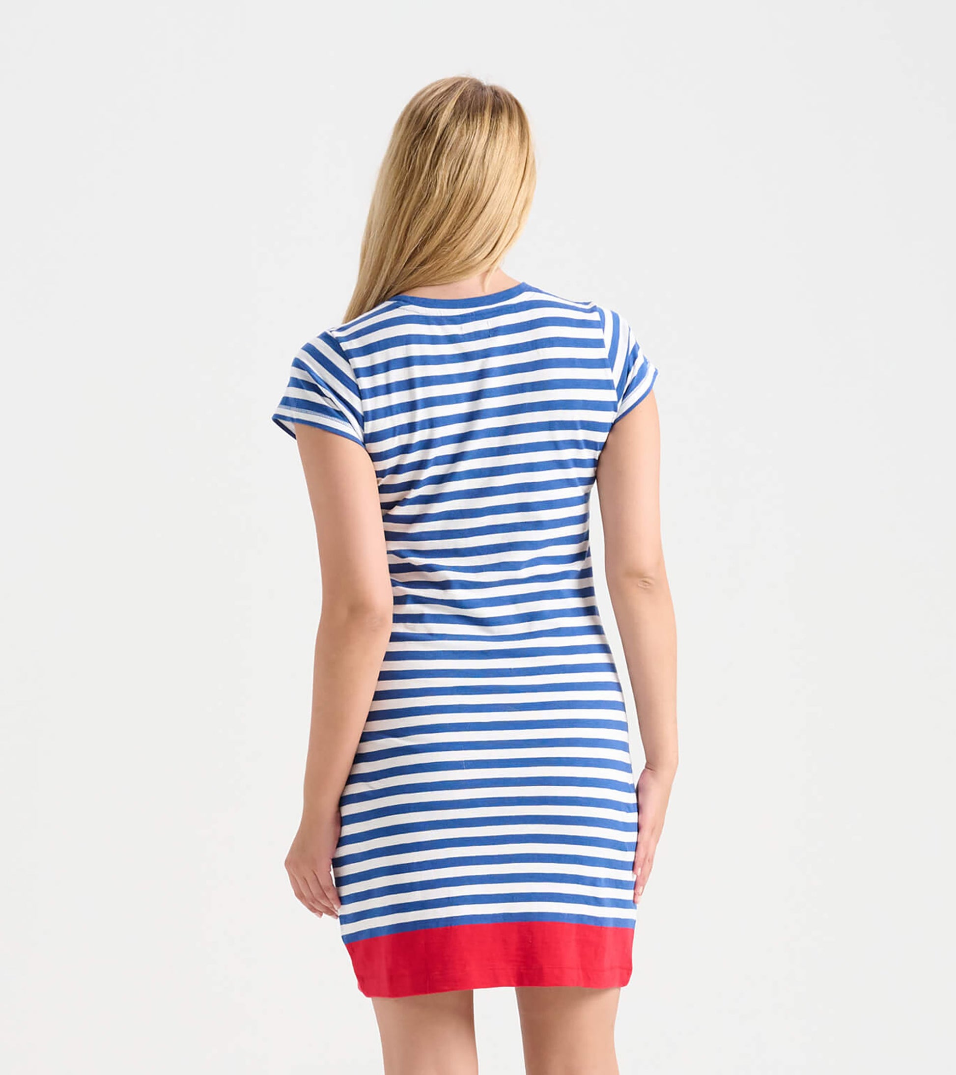 Back view of a women's crew neck t-shirt dress featuring blue and white stripes with a red hem.
