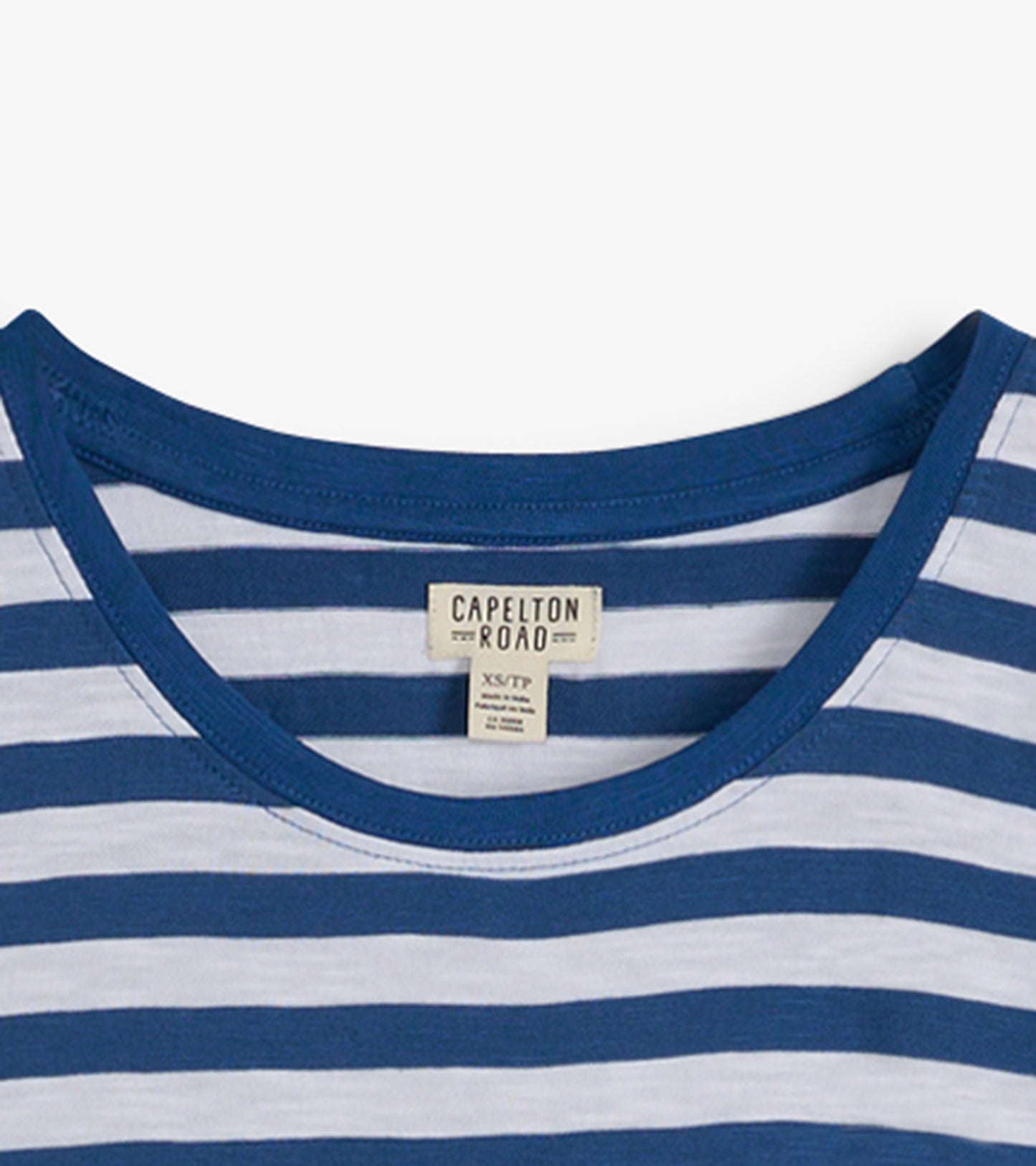 Nautical striped crew neck t-shirt dress in blue and white, featuring a relaxed fit and soft fabric.