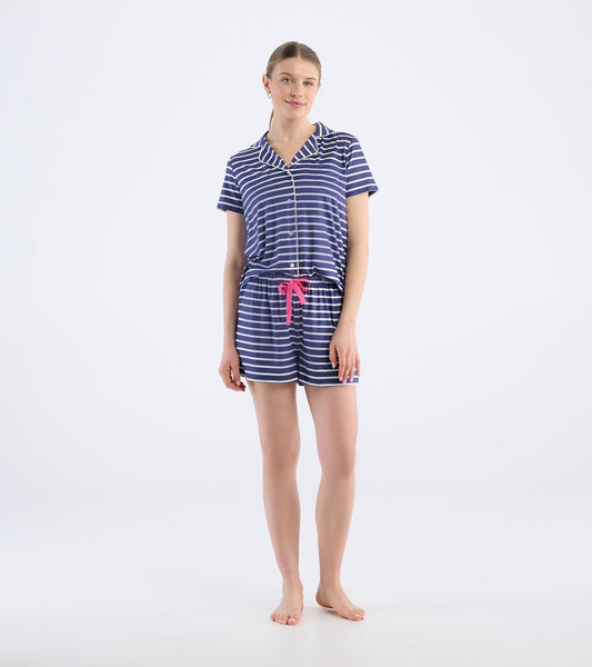 Navy and white striped short pajama set with a collar and pink drawstring, suitable for casual sleepwear.