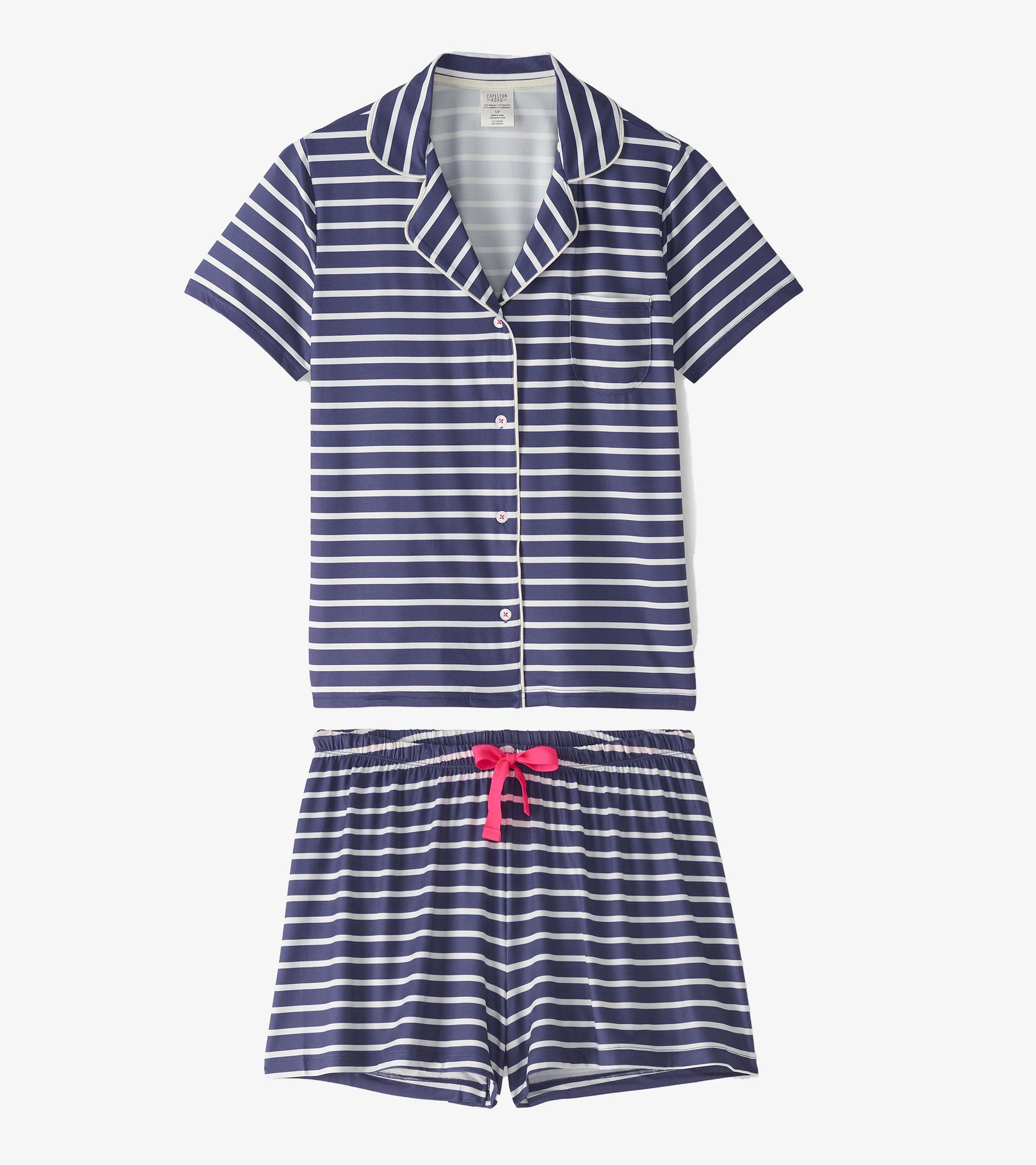 Navy and white striped short pajama set with a button-up top and elastic waistband shorts featuring a pink drawstring.