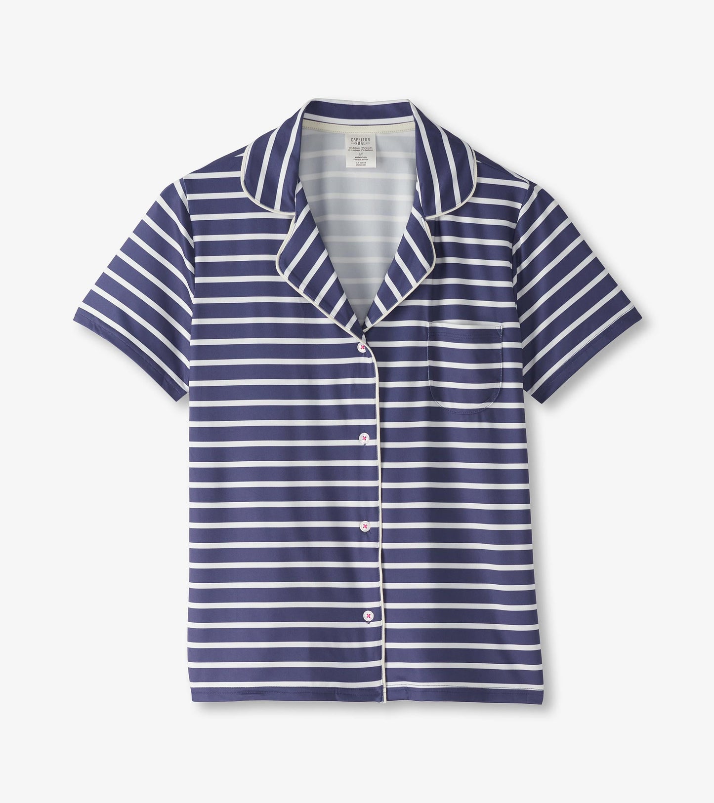 Navy blue short pajama top with white nautical stripes, short sleeves, and a chest pocket.
