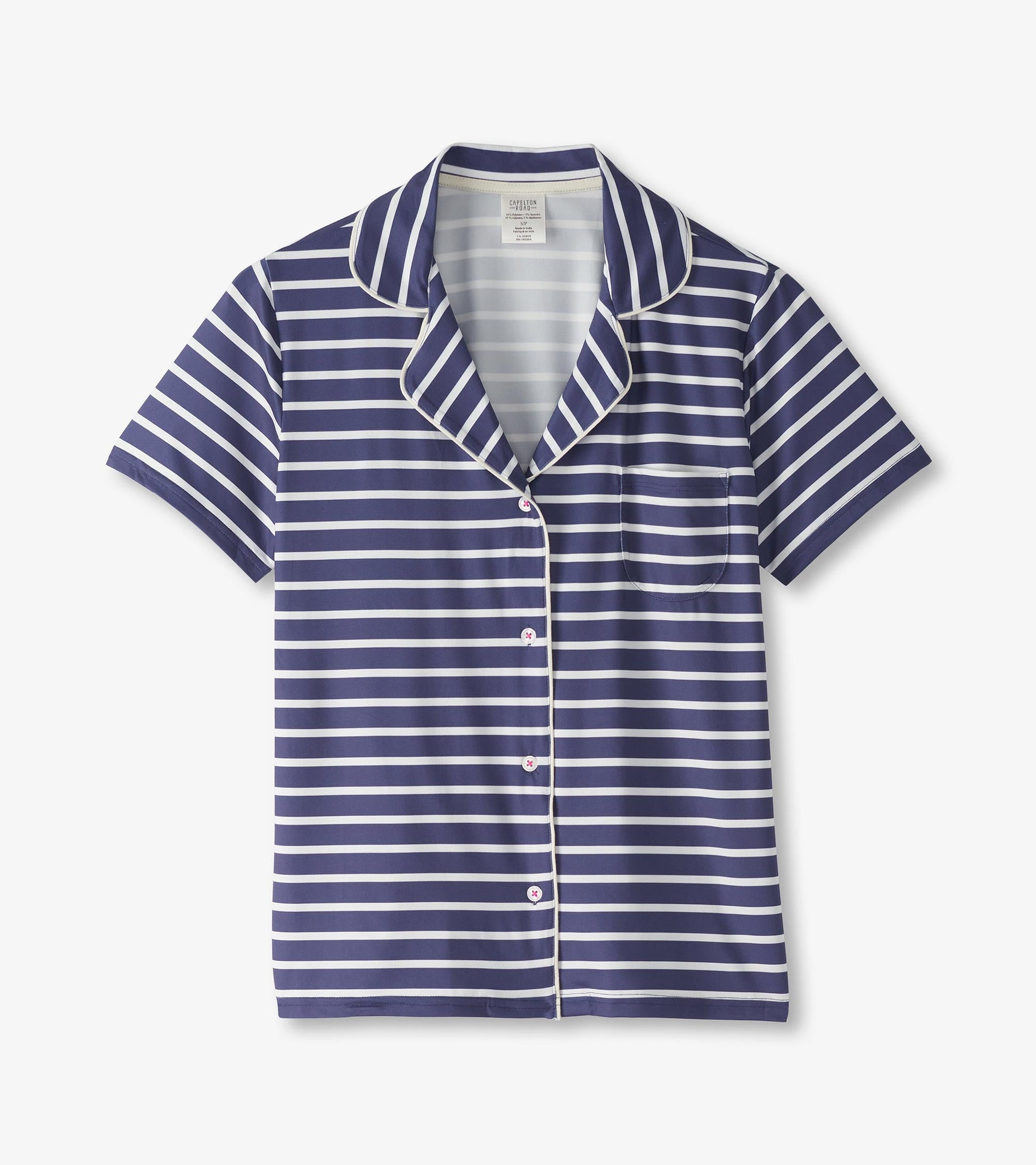 Navy blue short pajama top with white nautical stripes, short sleeves, and a chest pocket.