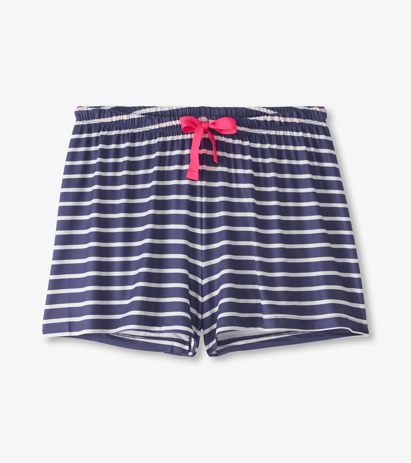 Navy and white striped short pajama set with a pink drawstring, designed for comfort and casual wear.