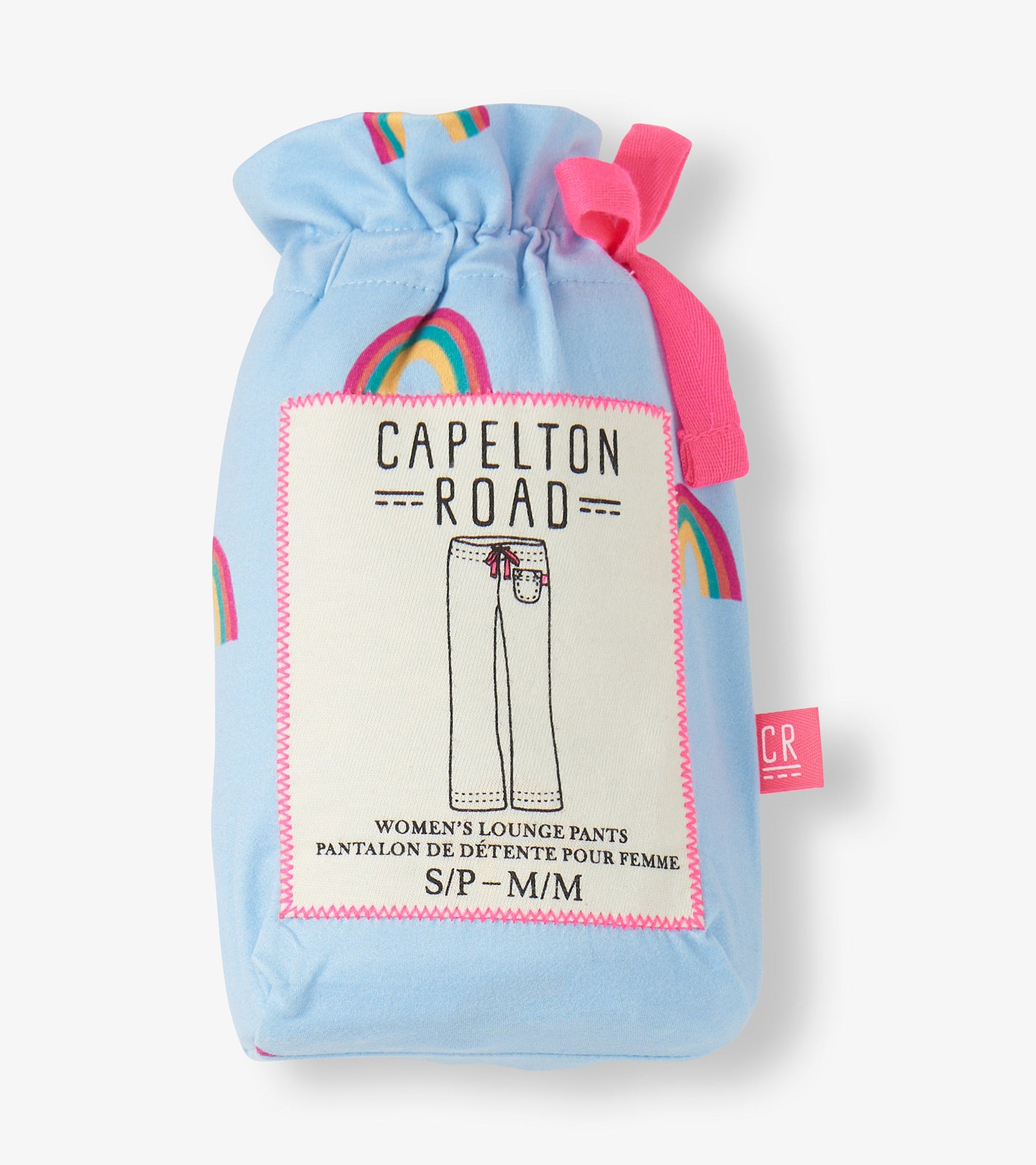 Light blue pajama pants with rainbow patterns, featuring a drawstring waist and soft polyknit material.