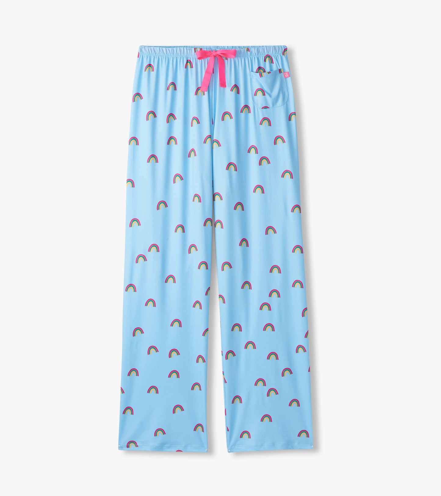 Light blue pajama pants with a rainbow pattern and a pink drawstring, featuring a side pocket.