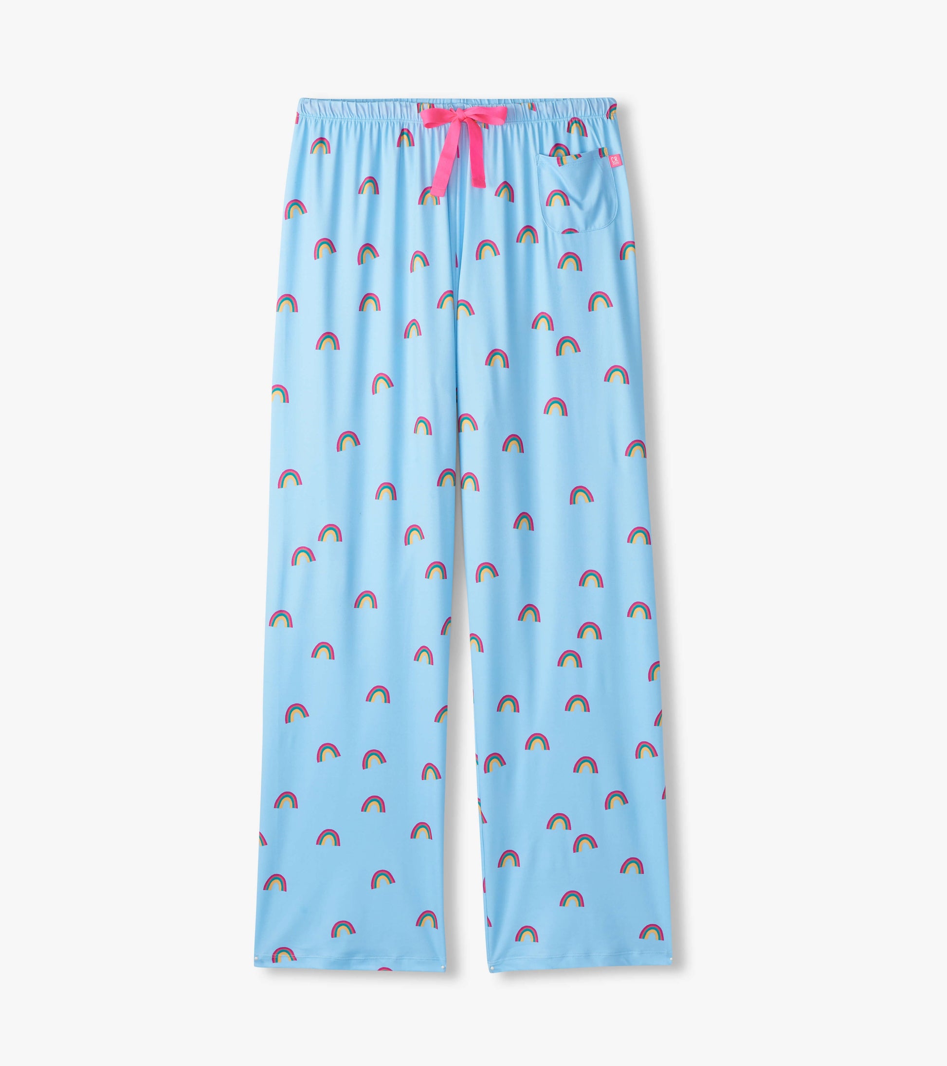Light blue pajama pants with a rainbow pattern and a pink drawstring, featuring a side pocket.