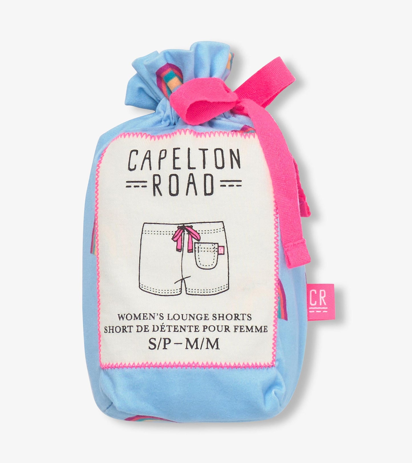 Light blue pajama shorts with a colorful drawstring and pocket, packaged in a matching drawstring bag.