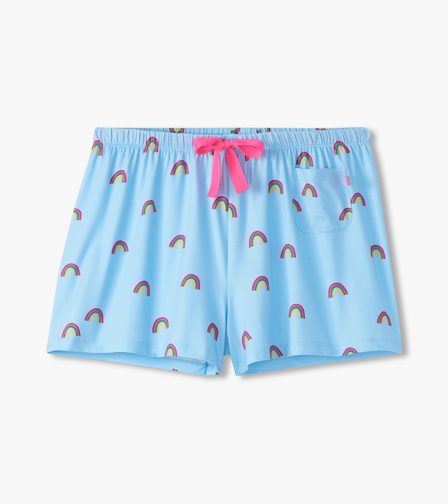 Light blue pajama shorts with a rainbow pattern, featuring an elastic waistband and a pink drawstring.