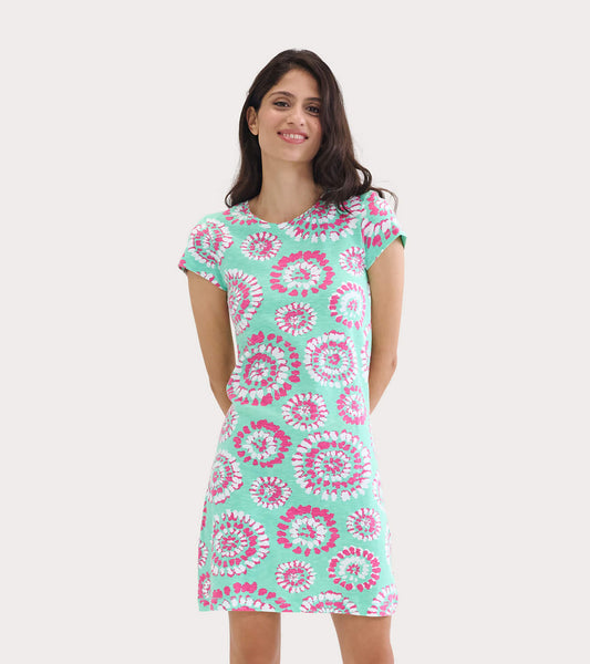 Mint green crew neck t-shirt dress featuring colorful mandala patterns, short sleeves, and a relaxed fit.