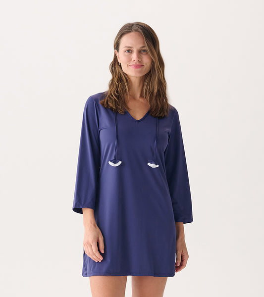 Patriot blue beach dress with a V-neck, long sleeves, and drawstring detail, perfect for seaside outings.