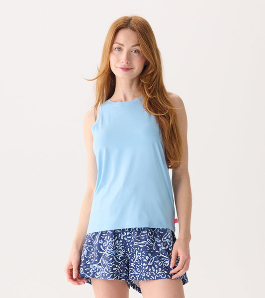 Light blue polyknit scoop neck tank top, paired with patterned shorts, suitable for casual wear.
