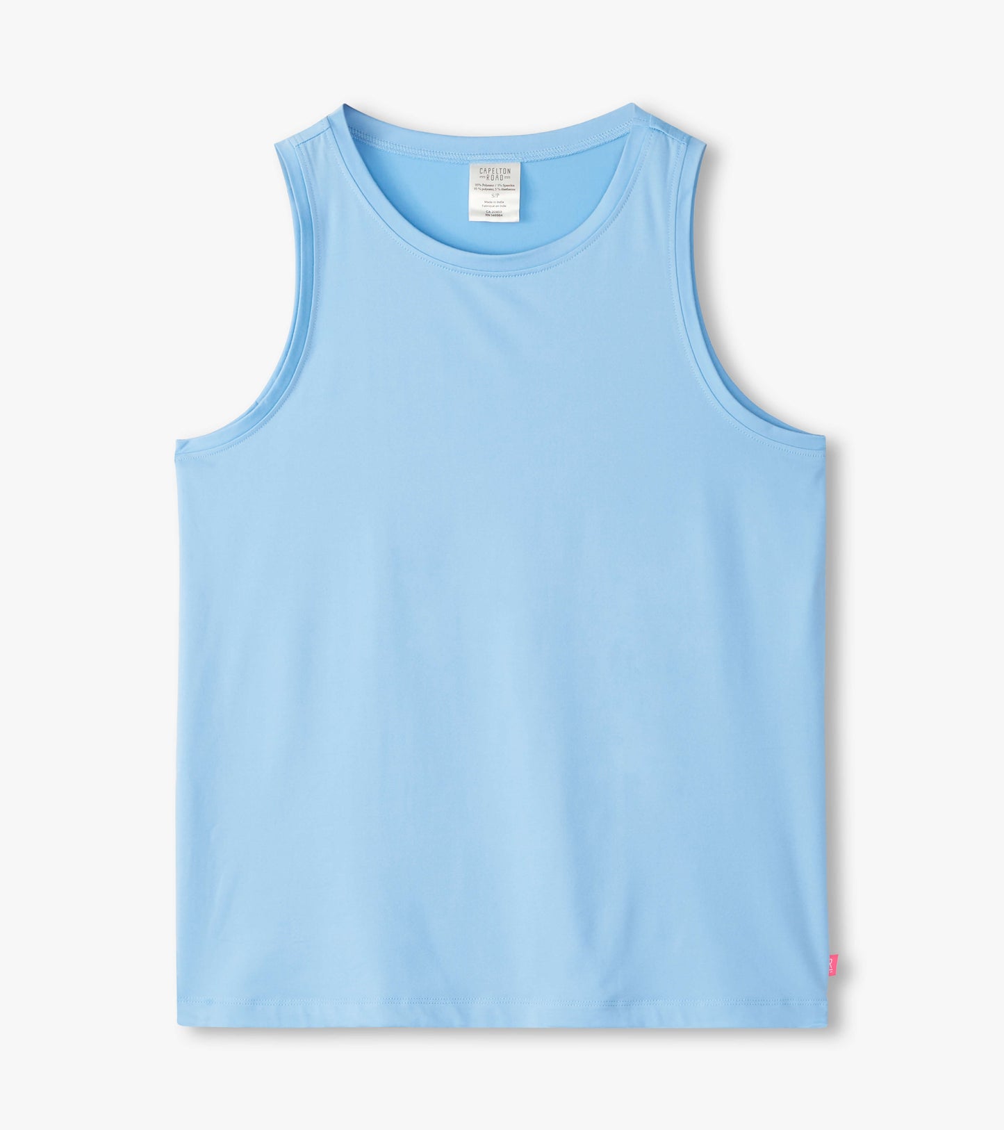 Light blue polyknit scoop neck tank top with a relaxed fit, suitable for casual wear.