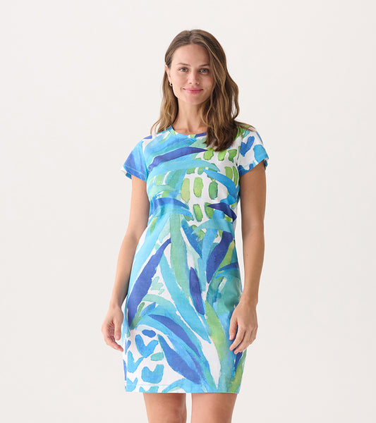 Short-sleeve crew neck dress featuring a vibrant blue and green pineapple and leaf pattern.