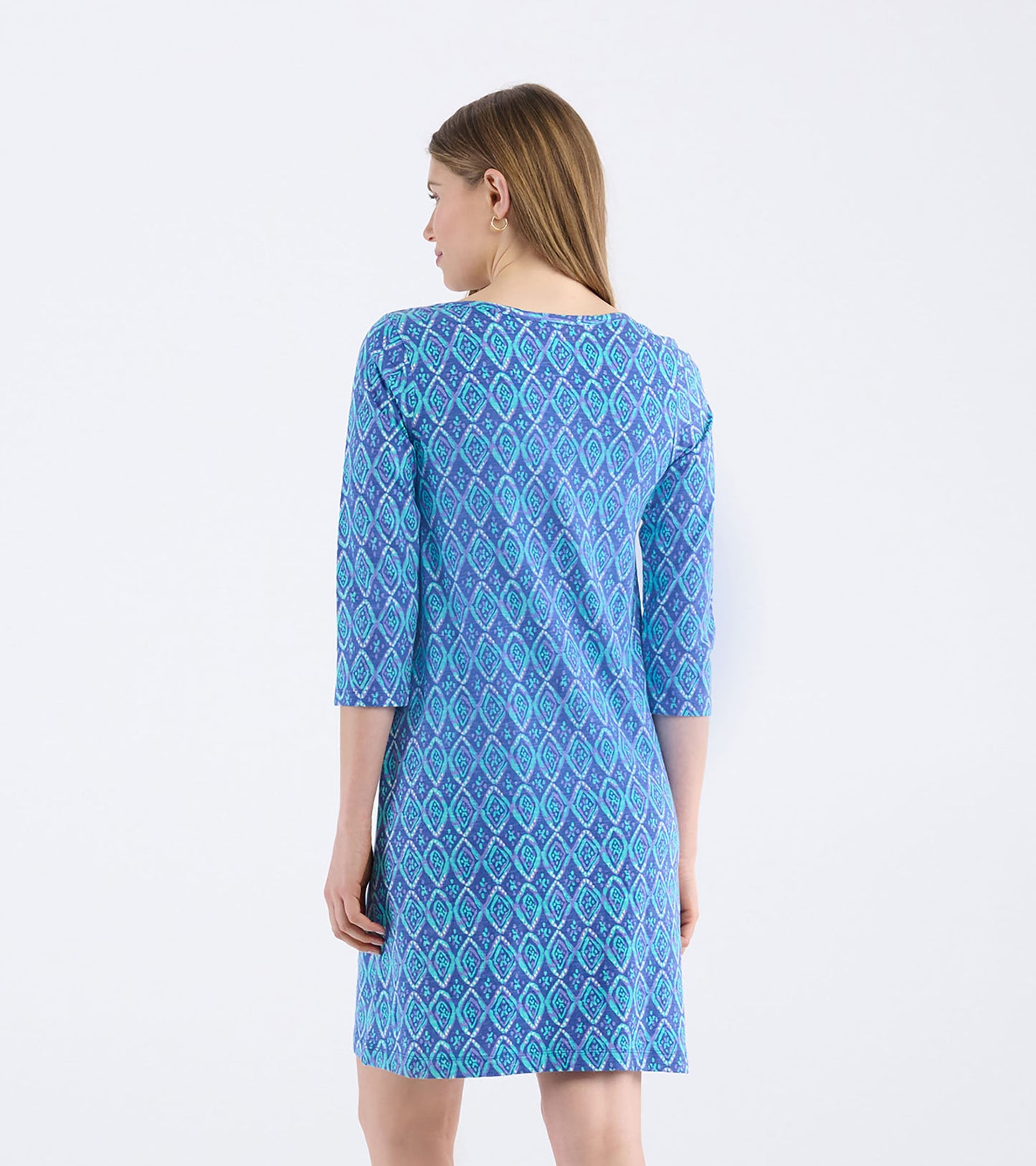 Blue dress with a painted diamond pattern and three-quarter sleeves, shown from the back.