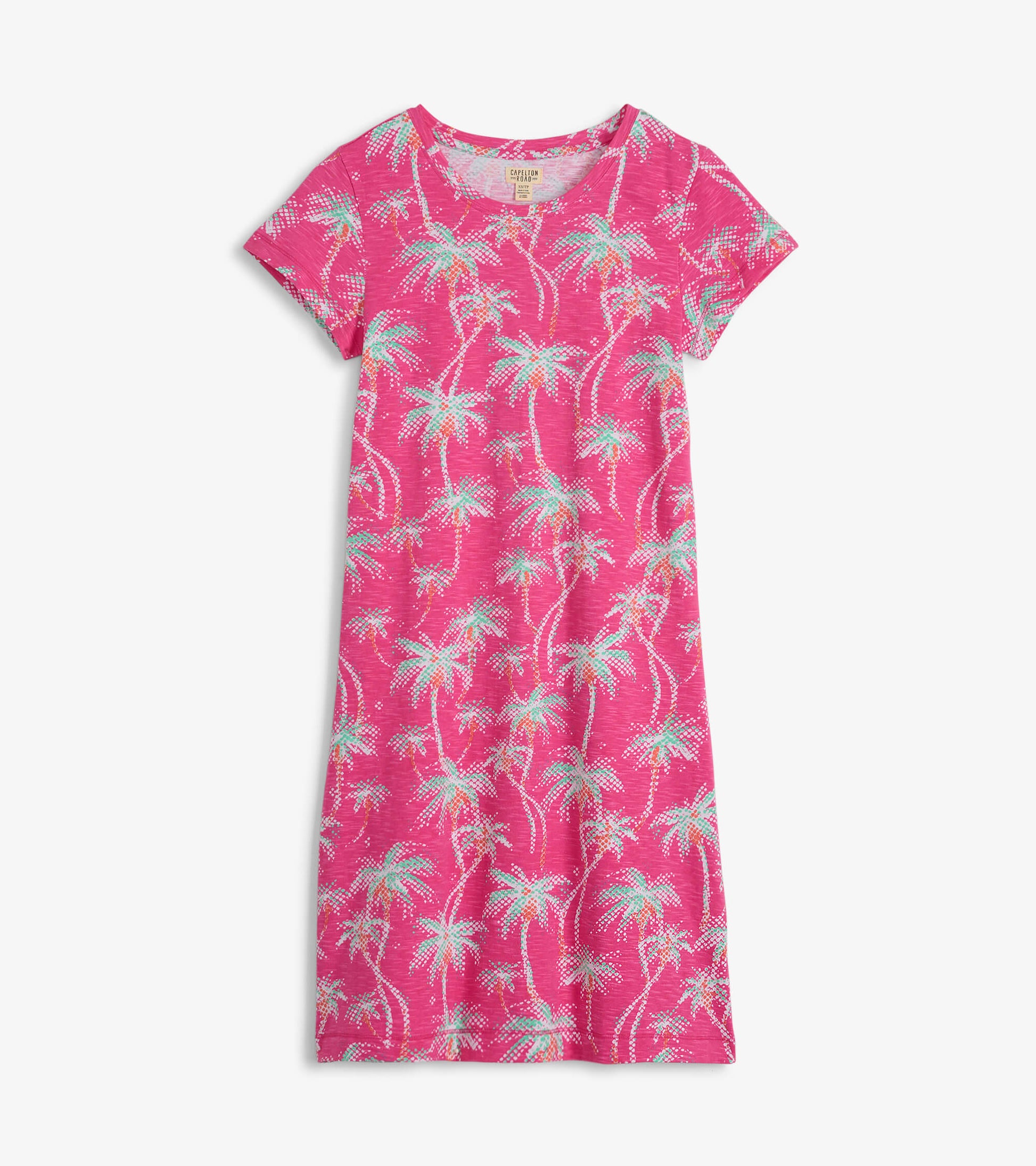Pink crew neck t-shirt dress featuring a palm tree pattern, short sleeves, and a relaxed fit.
