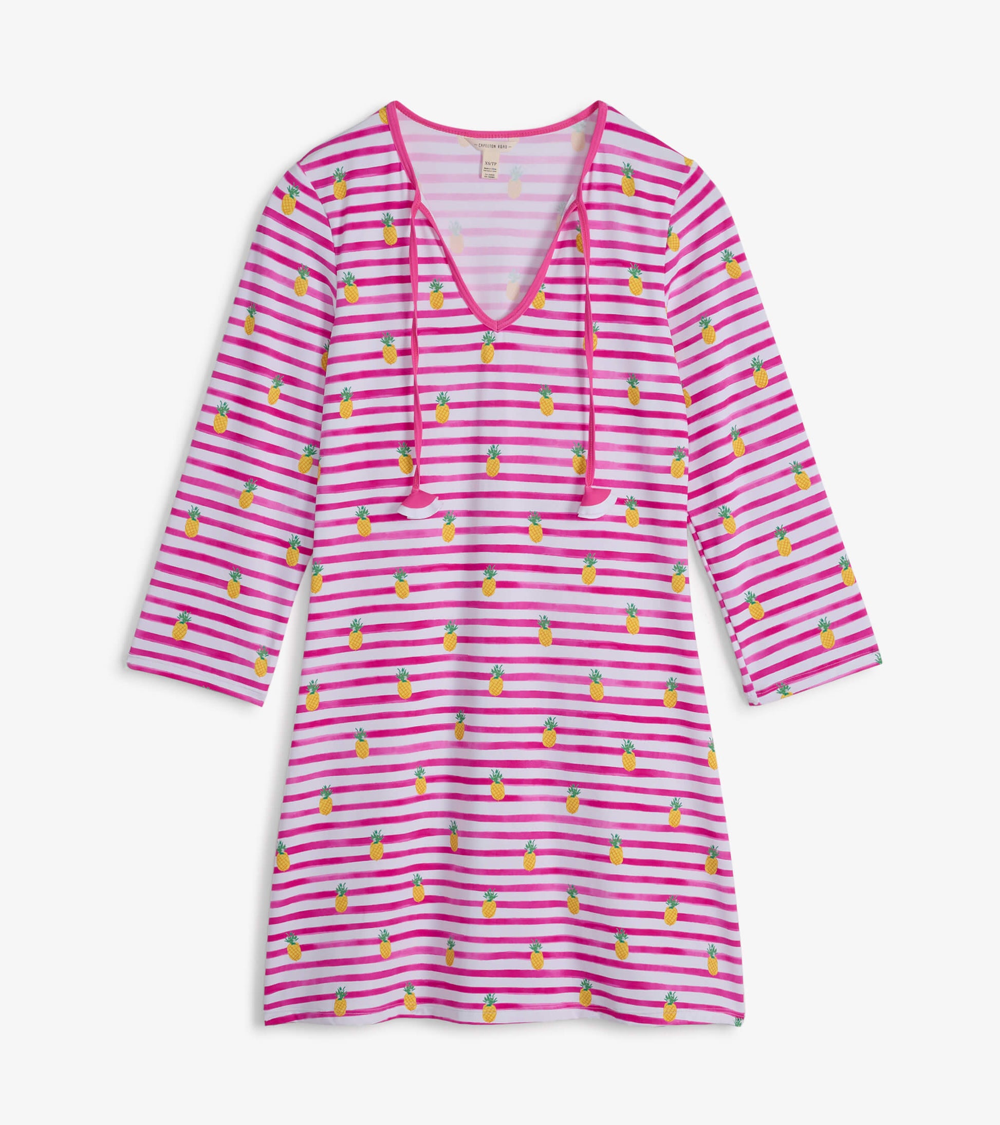 Pink and white striped beach dress with pineapple print, featuring a V-neck and three-quarter sleeves.