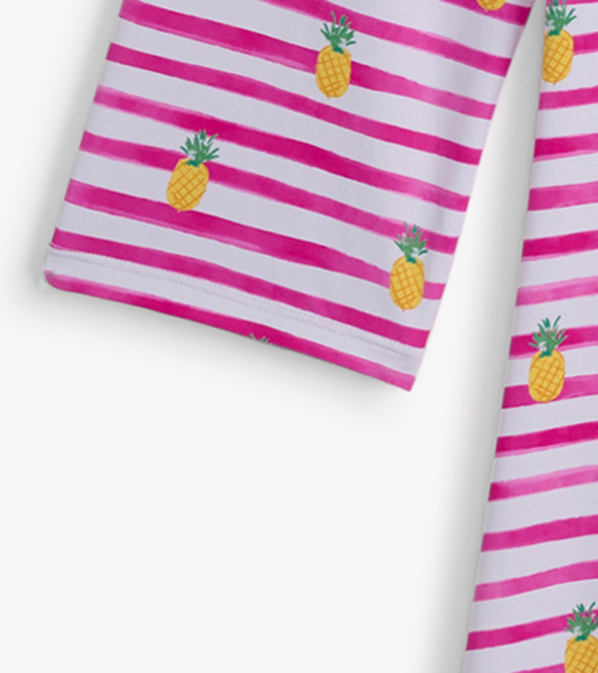 Pink and white striped beach dress featuring a pineapple pattern, short sleeves, and a relaxed fit.