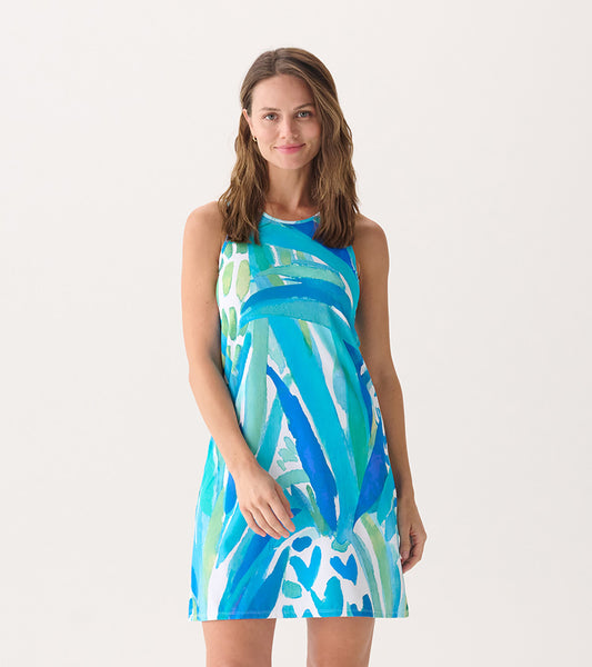Sleeveless summer dress featuring a vibrant blue and green abstract pattern, perfect for warm weather wear.