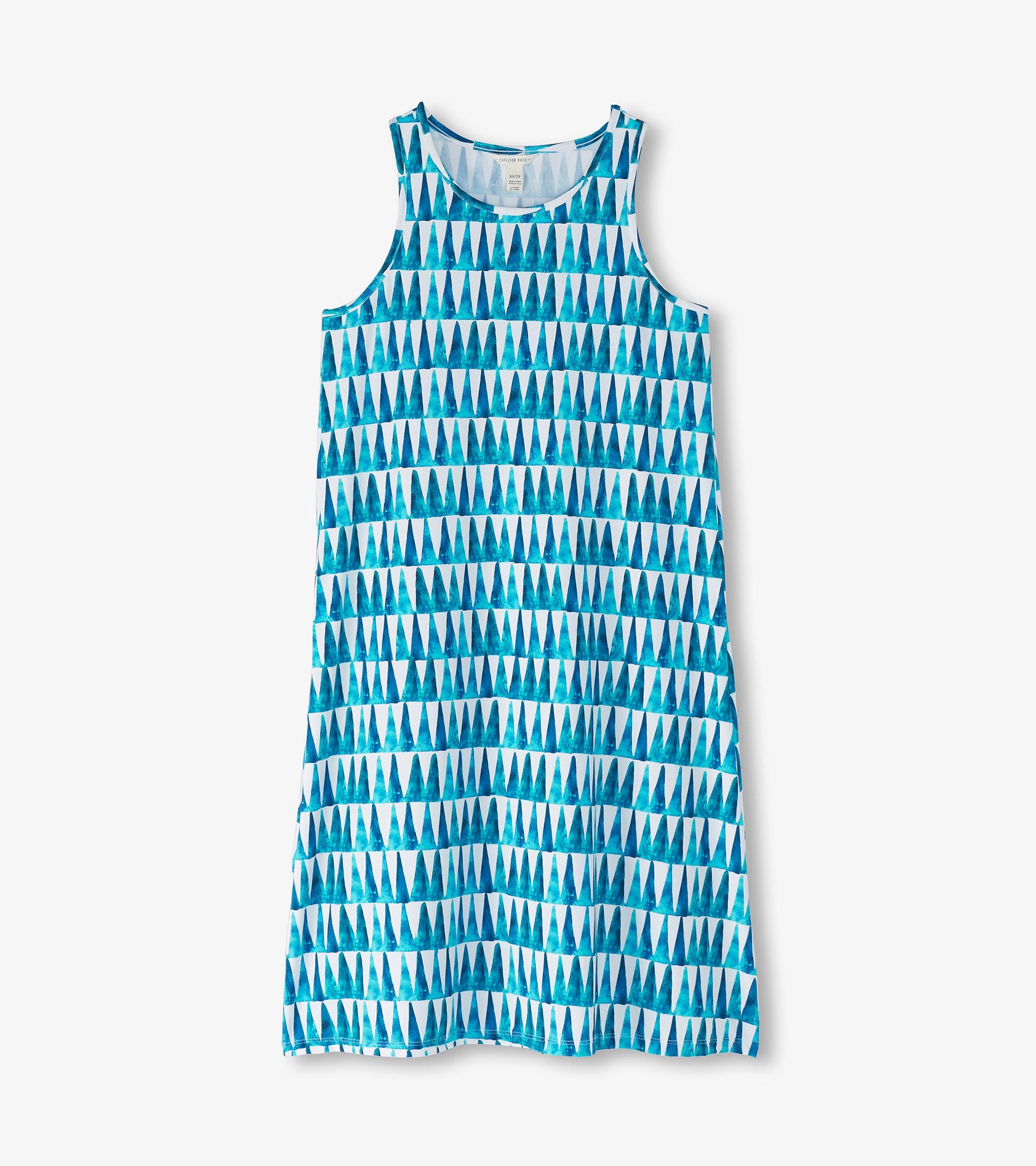 Sleeveless summer dress featuring a blue and white triangle pattern, perfect for warm weather.