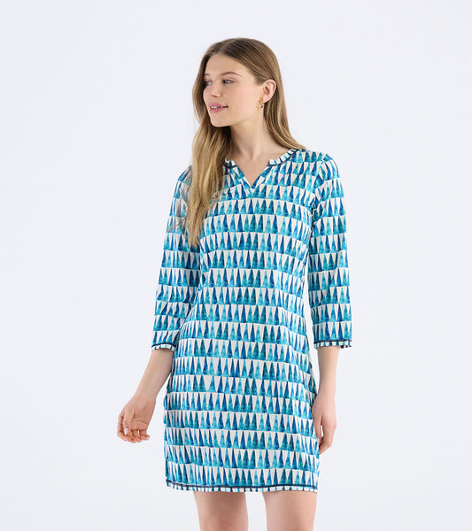 Notch neck dress featuring a geometric triangle pattern in shades of blue and green, with three-quarter sleeves.