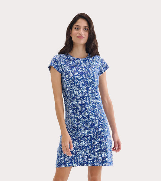 Blue crew neck t-shirt dress with a diamond pattern, short sleeves, and a fitted silhouette, suitable for casual wear.