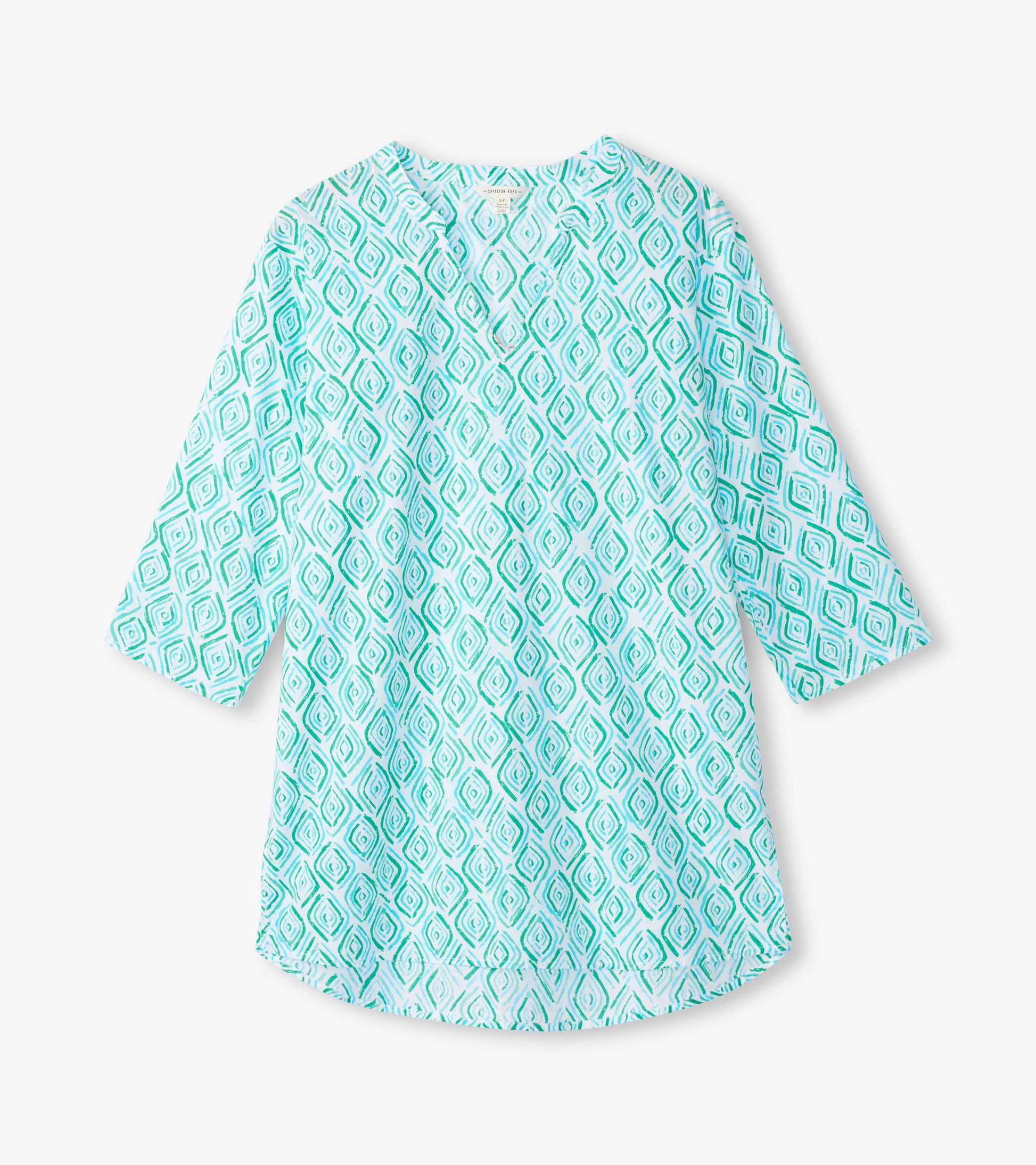 Light blue tunic with a diamond pattern and three-quarter sleeves, featuring a relaxed fit and a round neckline.