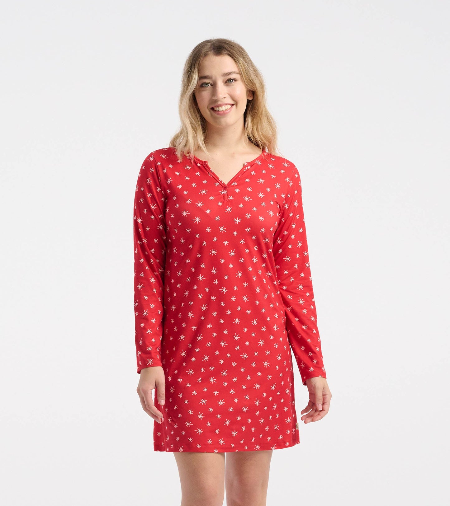 Women's Red Snowflakes Polyknit Long Sleeve Nightshirt
