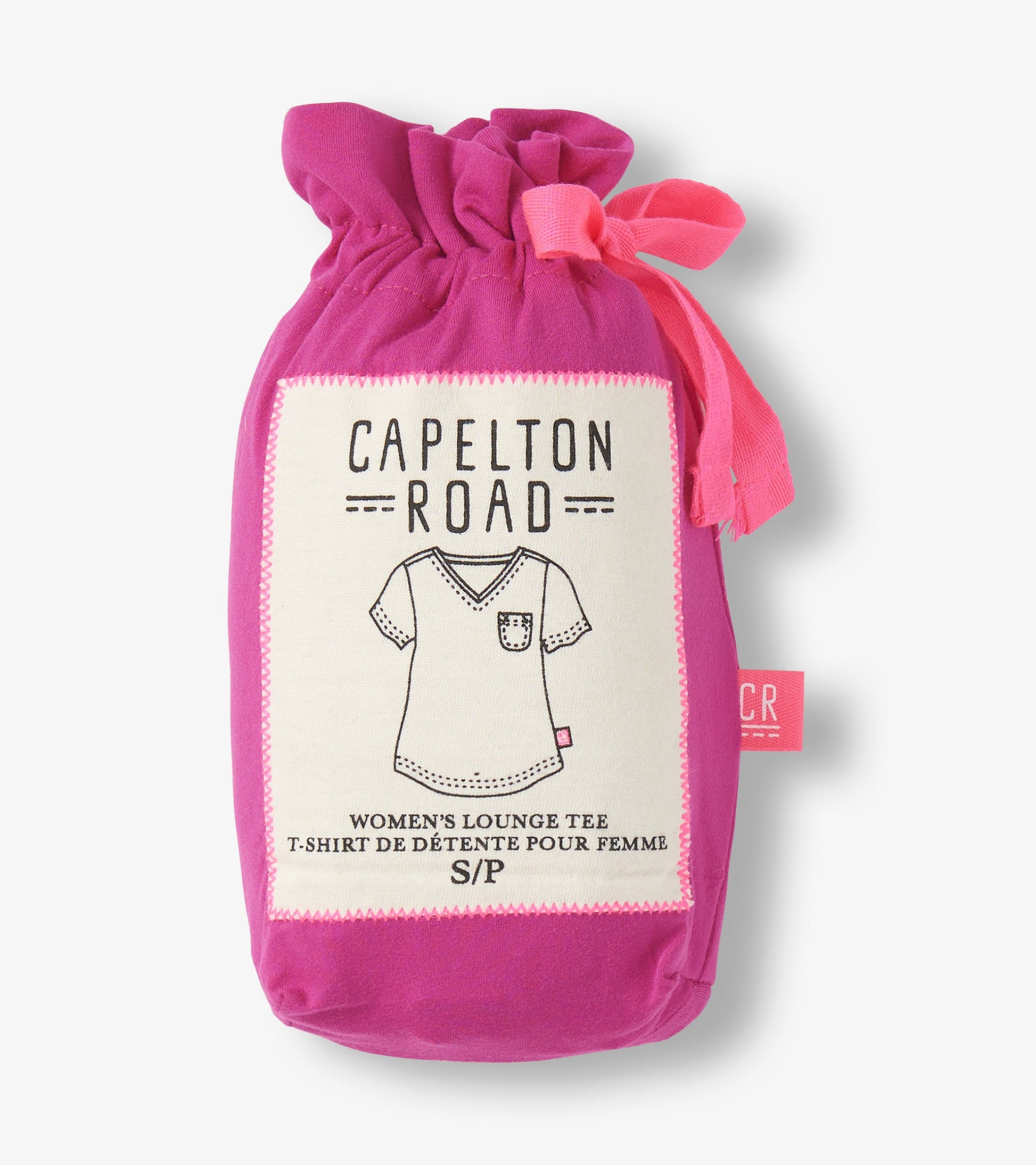 Pink drawstring pouch containing a women's V-neck T-shirt with a pocket design.