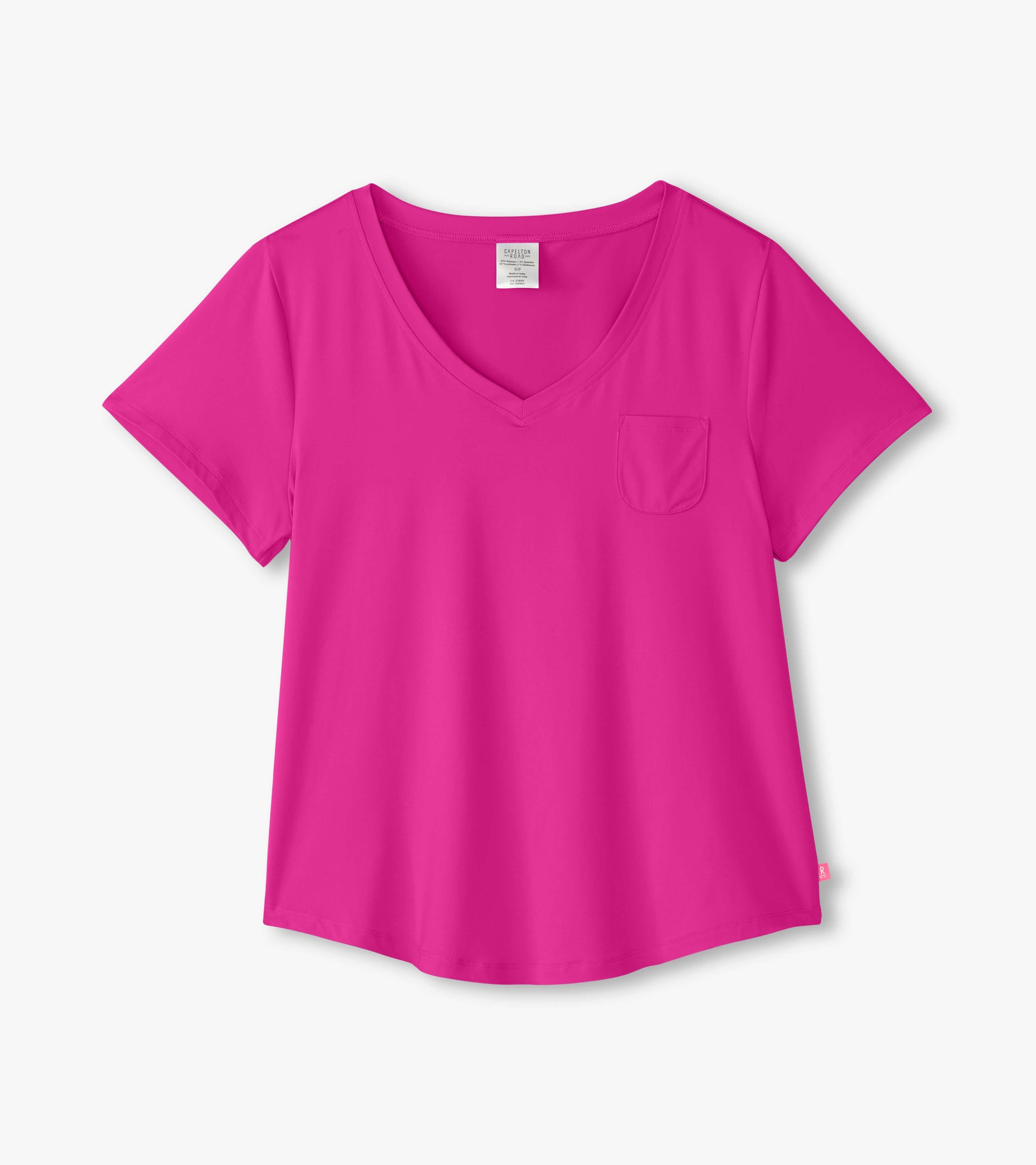 Vibrant pink polyknit V-neck t-shirt with short sleeves and a chest pocket.