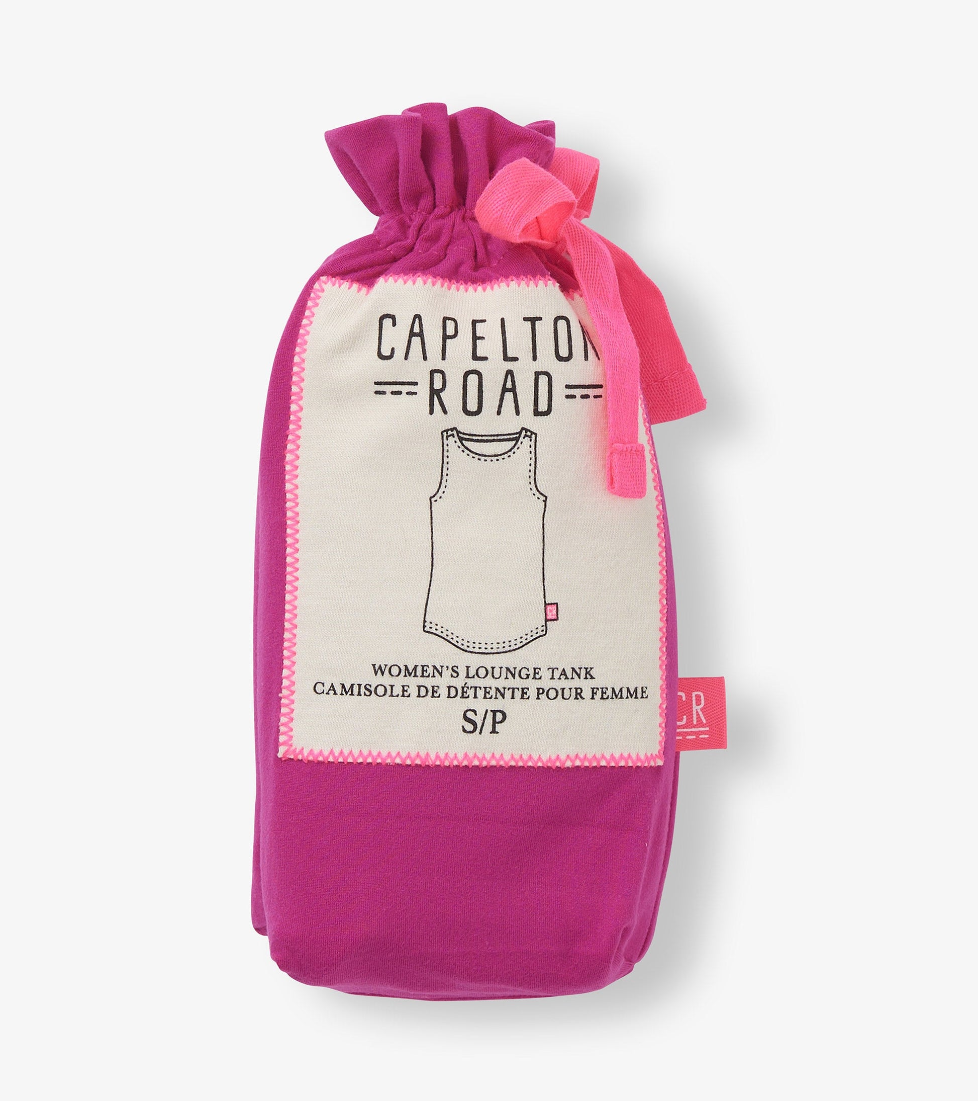 Rose violet polyknit tank top with scoop neck, packaged in a drawstring bag, ideal for casual wear.