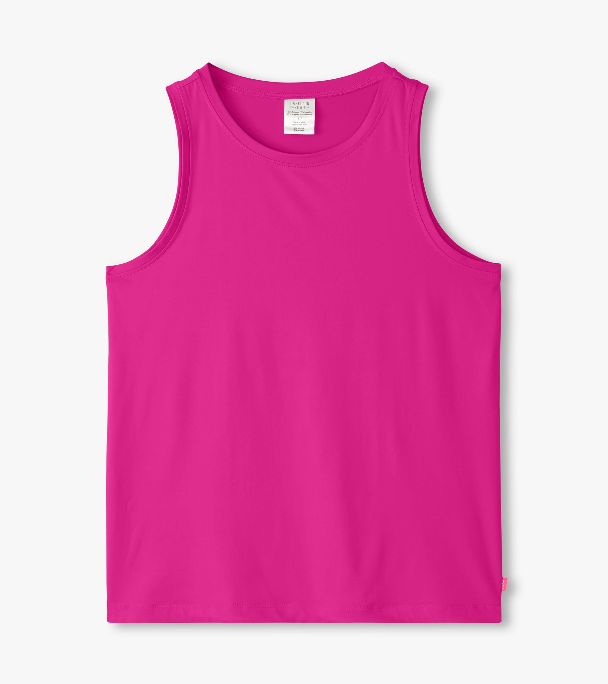 Bright pink polyknit scoop neck tank top with a sleeveless design, suitable for casual wear.