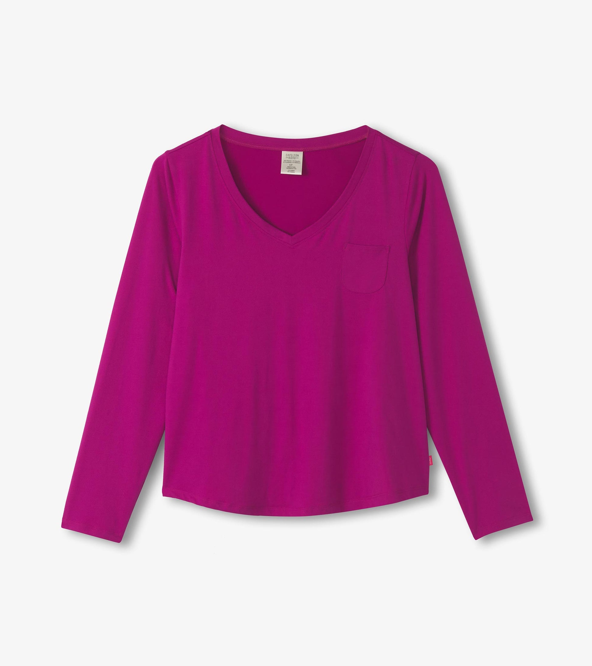 Long sleeve T-shirt in vibrant rose violet with a V-neck and a small pocket on the front.