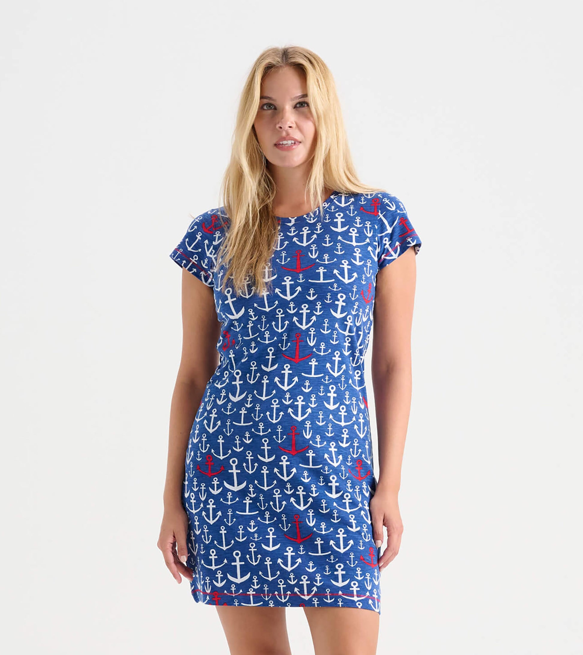 Blue crew neck t-shirt dress featuring a white and red anchor pattern, short sleeves, and a relaxed fit.