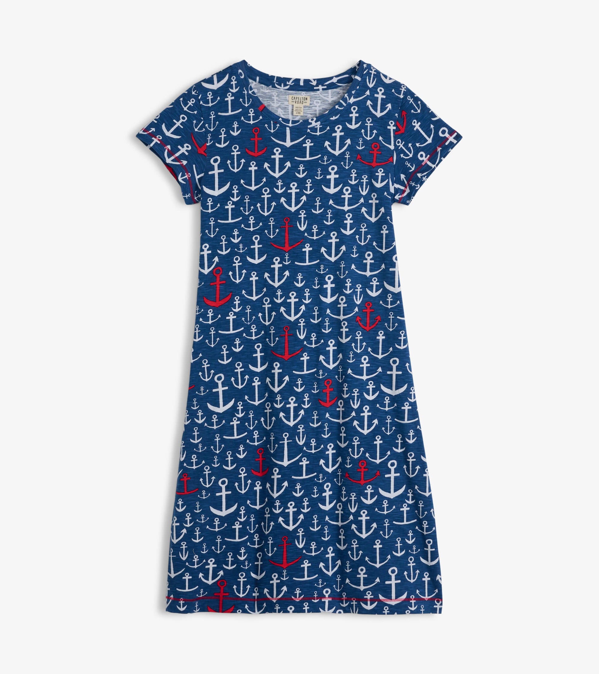 Navy crew neck t-shirt dress featuring a pattern of white and red anchors, short sleeves, and a relaxed fit.