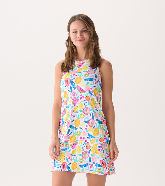Sleeveless summer dress featuring a colorful fruit print on a white background, perfect for warm weather outings.