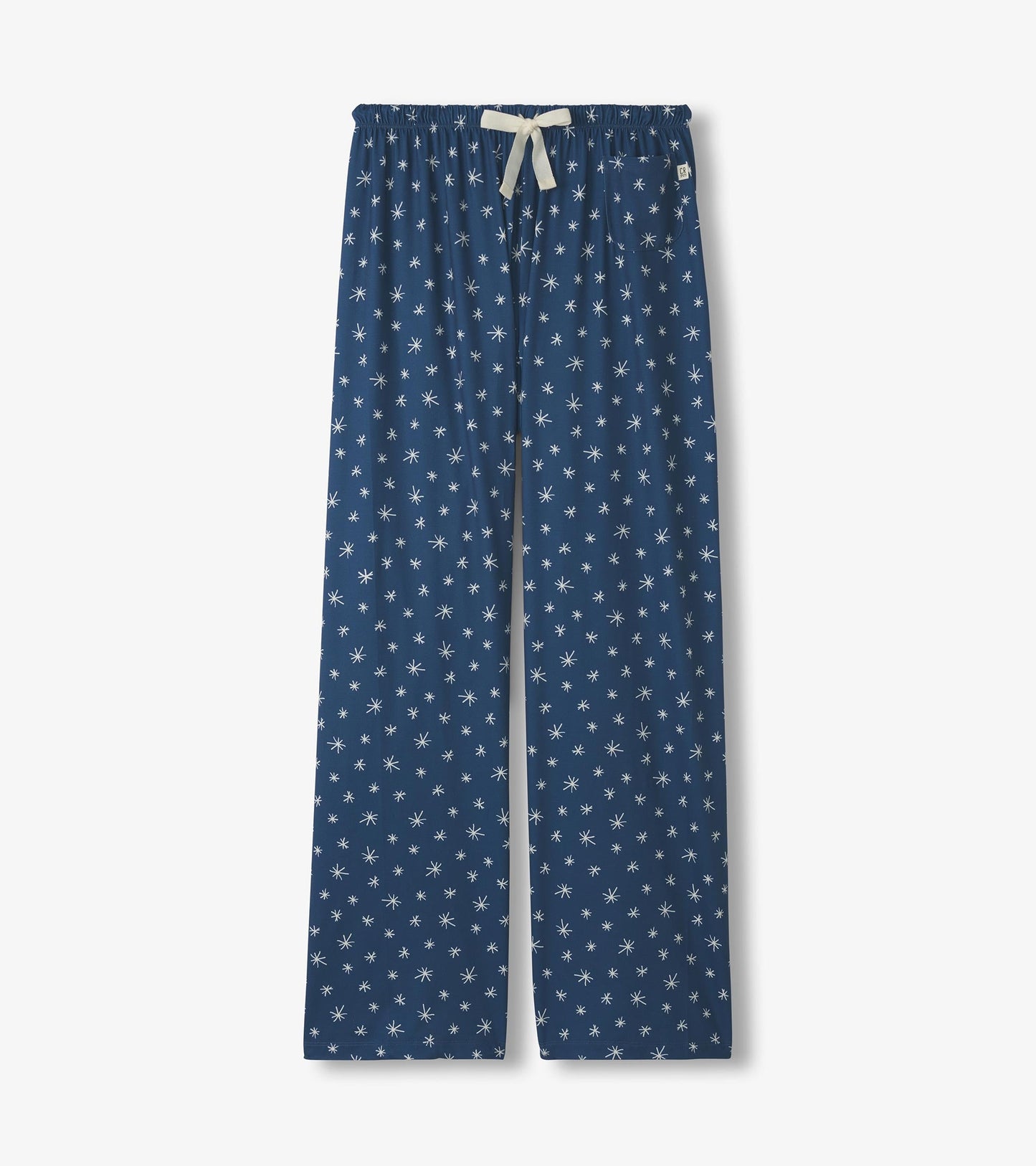 Blue polyknit pajama pants featuring a white snowflake pattern and an elastic waistband with a drawstring.