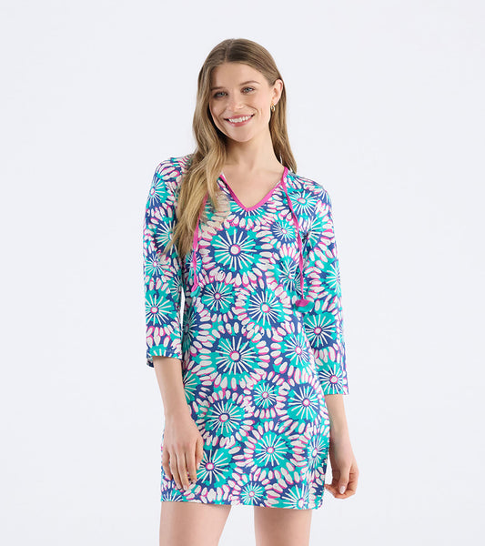 Colorful sundress featuring a vibrant floral mandala pattern, V-neckline, and three-quarter sleeves, ideal for beach wear.